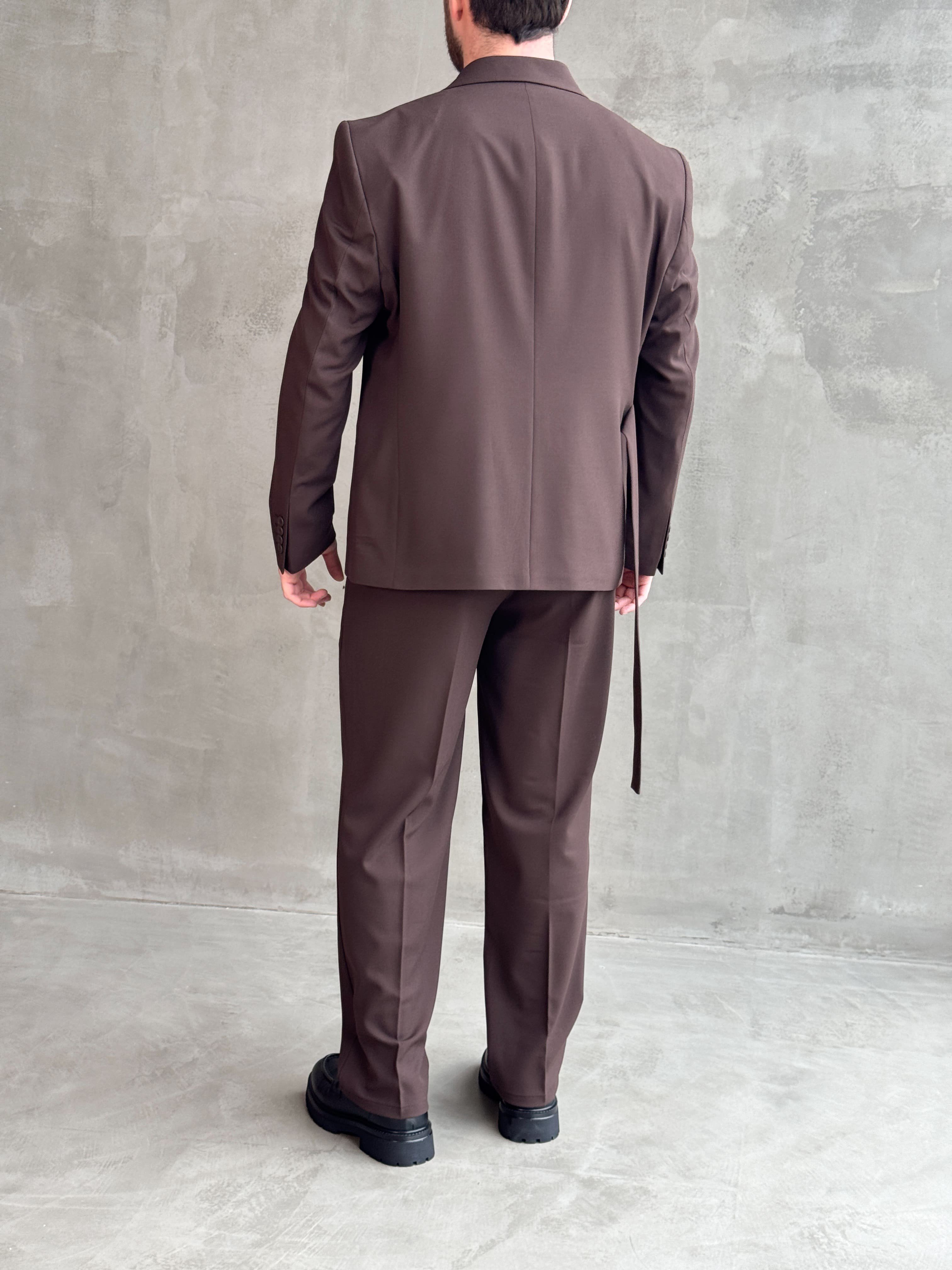 Erkek Business Collection Oversize Kalıp Kuşak Detaylı Kruvaze Model Takım Elbise-Kahverengi(E1896)Ketench