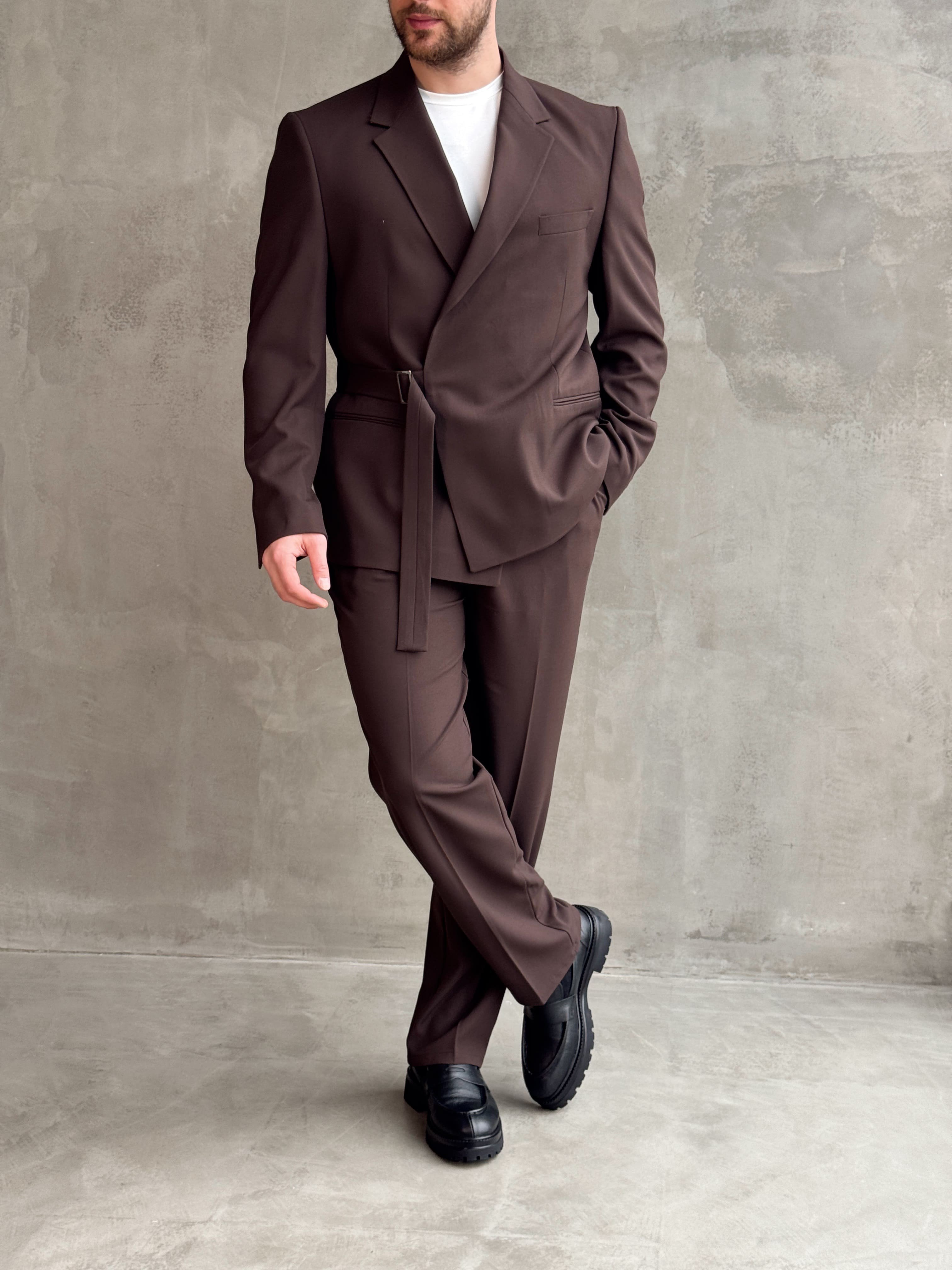 Erkek Business Collection Oversize Kalıp Kuşak Detaylı Kruvaze Model Takım Elbise-Kahverengi(E1896)Ketench