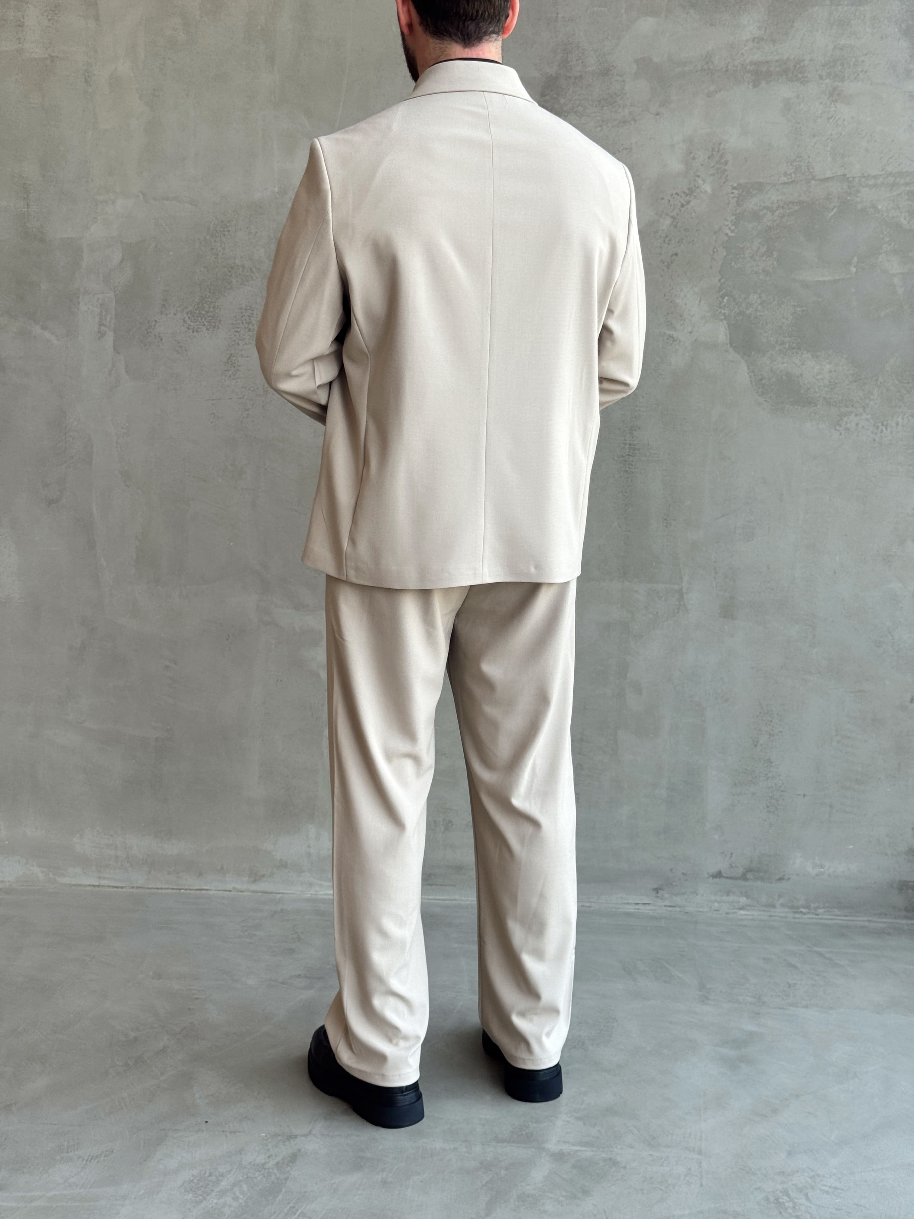 Erkek Business Collection Oversize Kalıp Kruvaze Model Takım Elbise-Bej(E1776)Ketench
