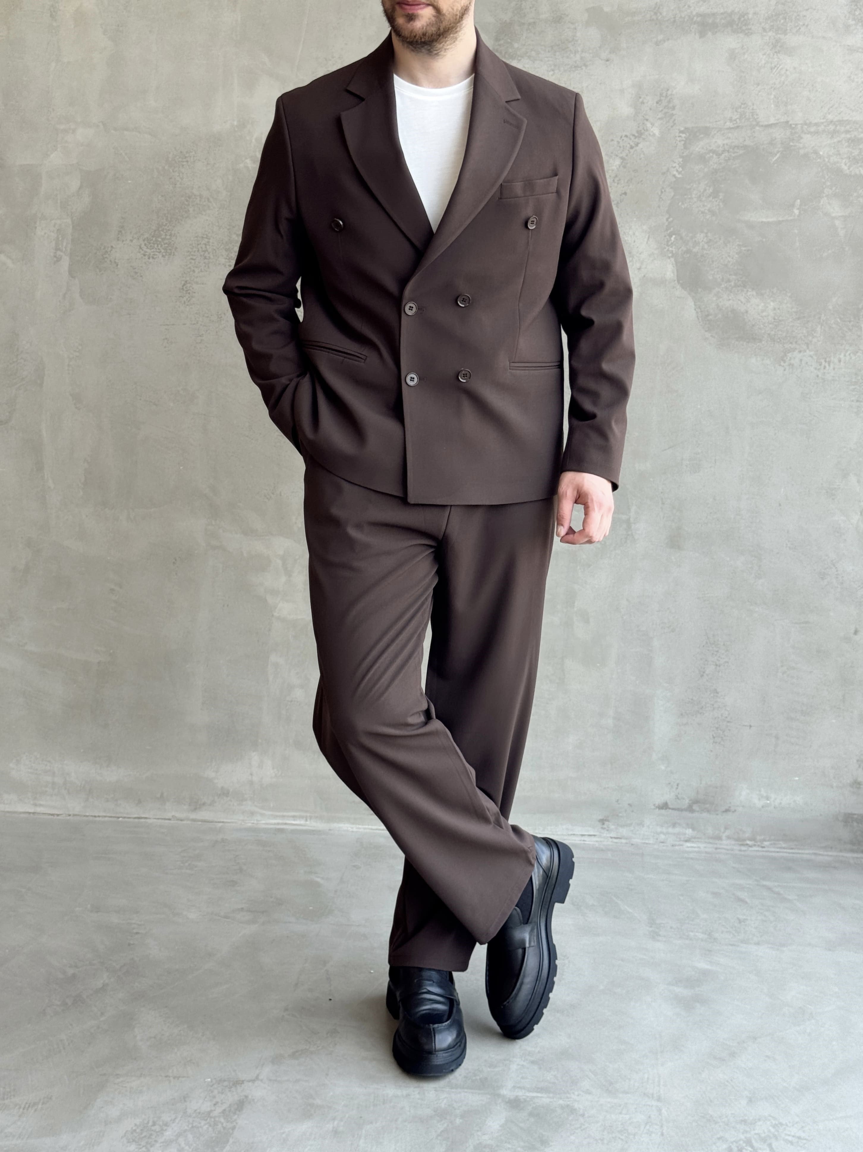 Erkek Business Collection Oversize Kalıp Kruvaze Model Takım Elbise-Kahverengi(E1776)Ketench