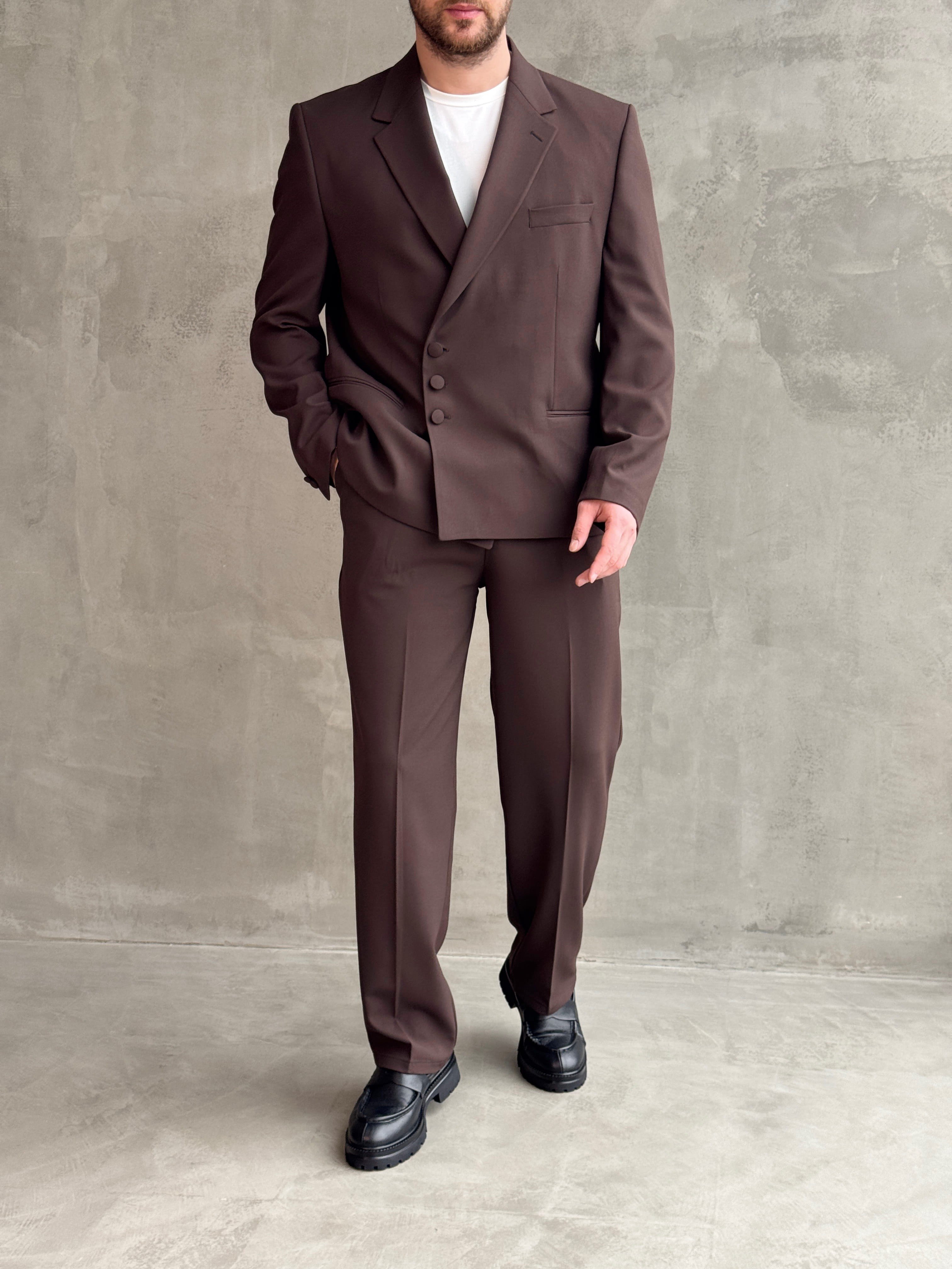 Erkek Business Collection Oversize Kalıp Düğme Detaylı Kruvaze Model Takım Elbise-Kahverengi(E1897)Ketench