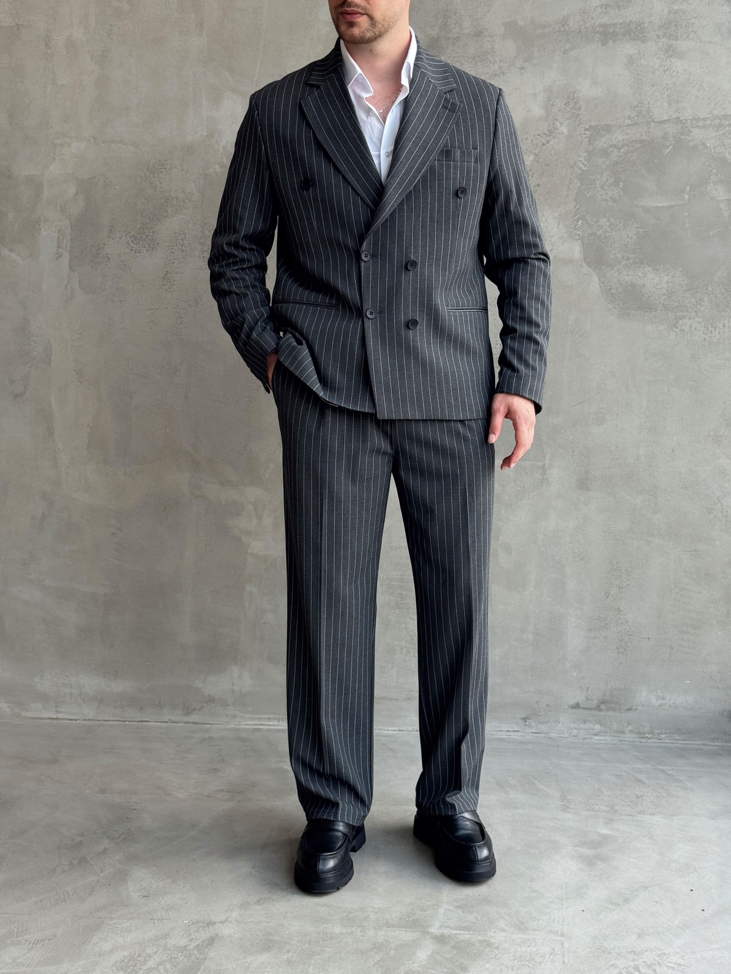 Erkek Business Collection Oversize Kalıp Kruvaze Model Çizgili Takım Elbise-Füme(E1787)Ketench