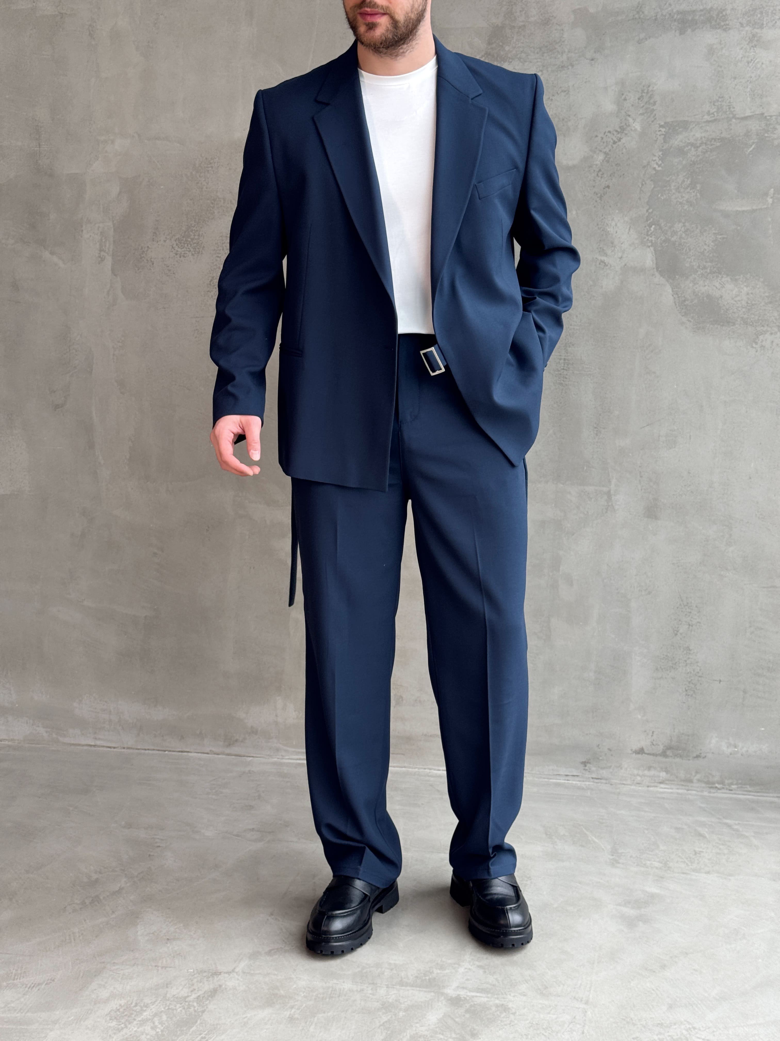 Erkek Business Collection Oversize Kalıp Kuşak Detaylı Kruvaze Model Takım Elbise-Lacivert(E1896)Ketench