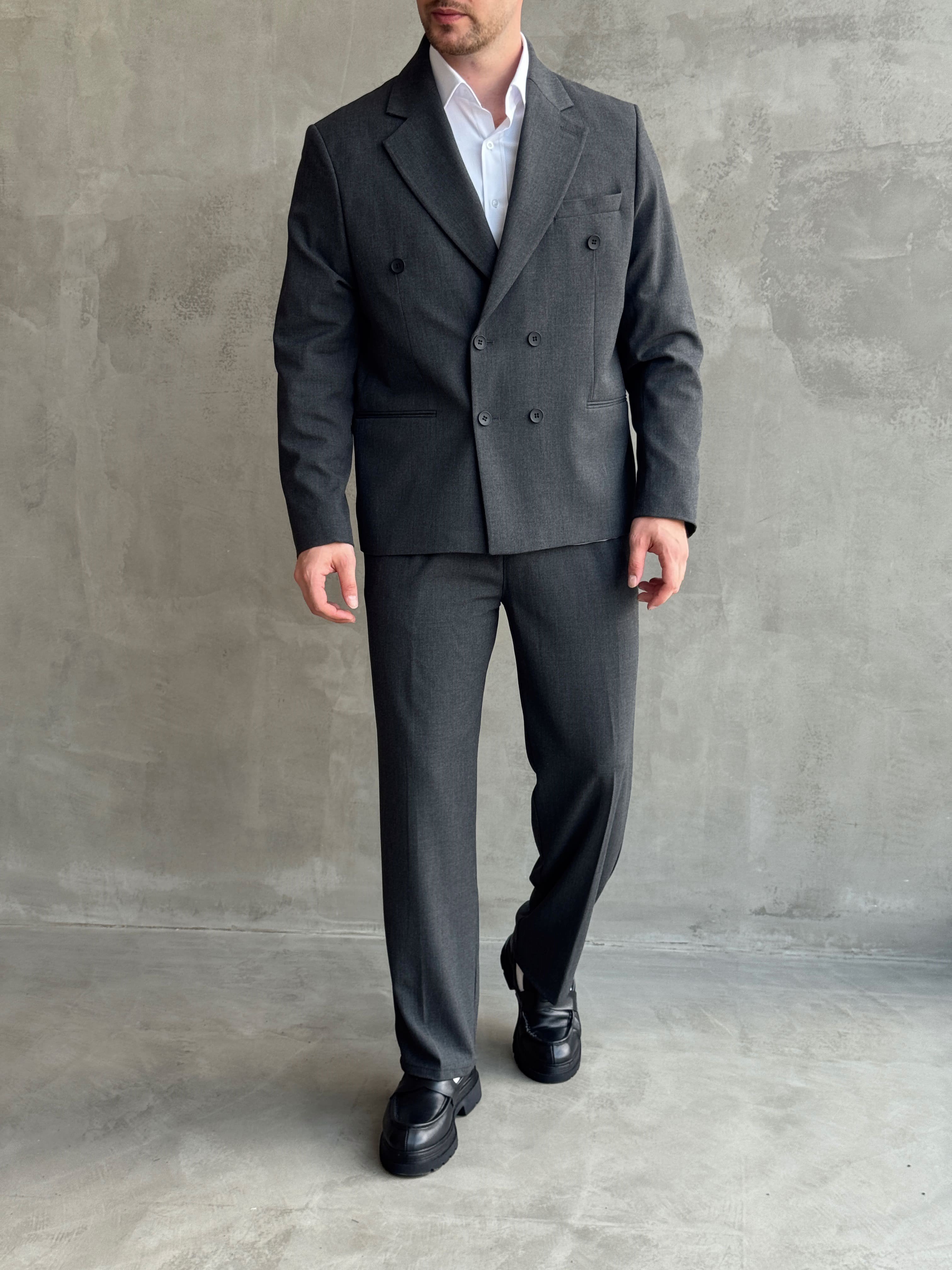 Erkek Business Collection Oversize Kalıp Kruvaze Model Takım Elbise-Füme(E1776)Ketench