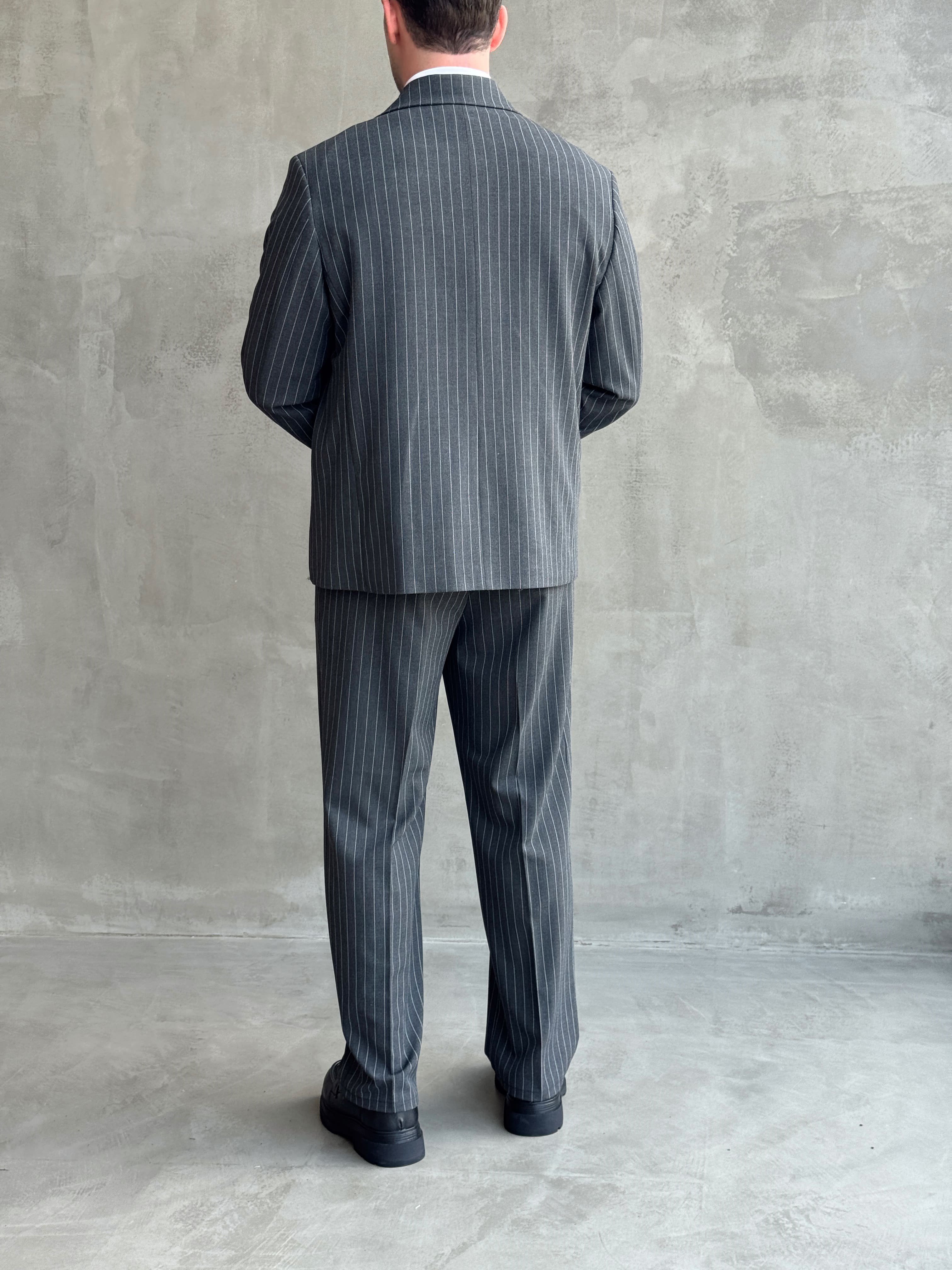 Erkek Business Collection Oversize Kalıp Kruvaze Model Çizgili Takım Elbise-Füme(E1787)Ketench