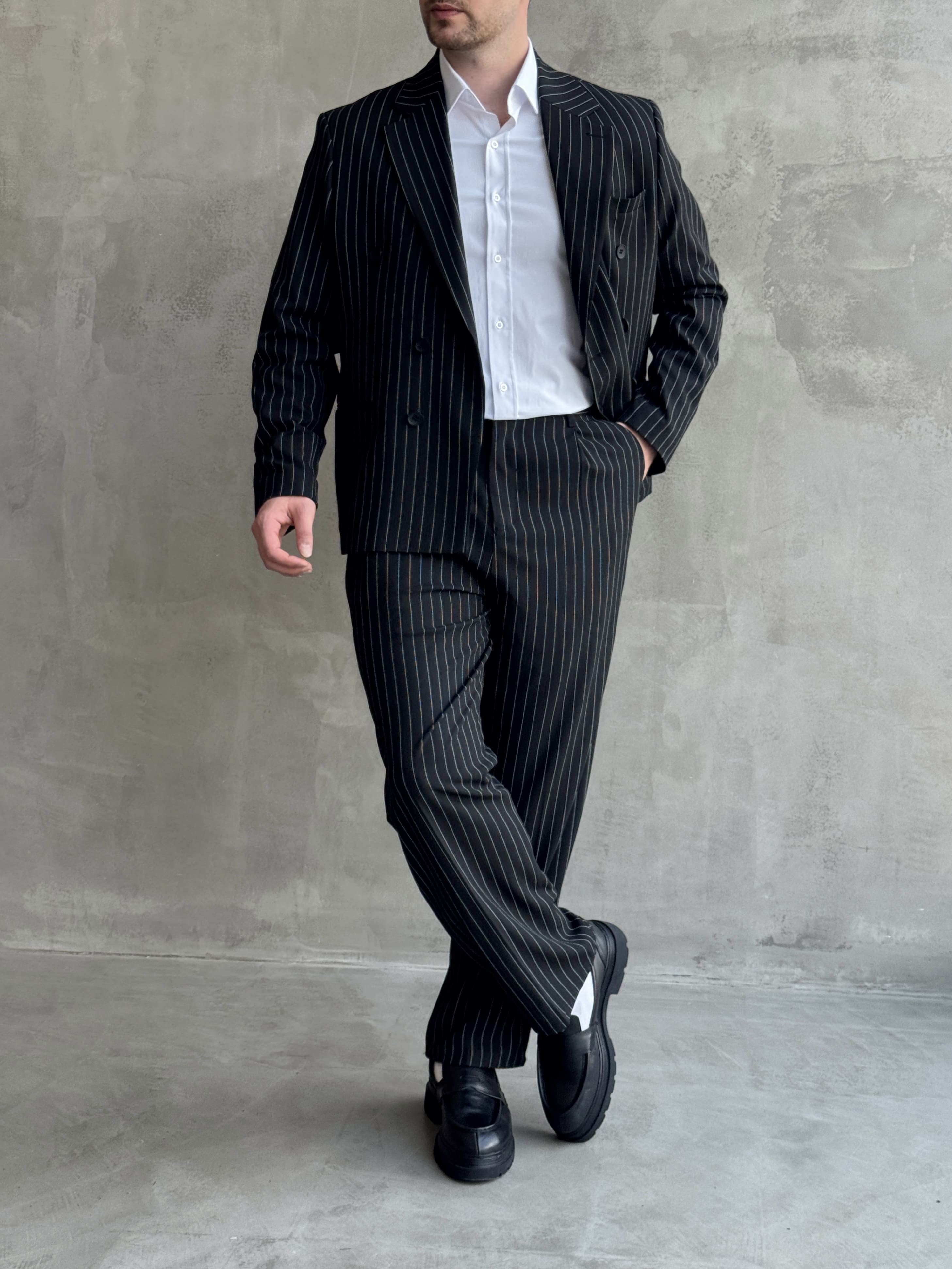 Erkek Business Collection Oversize Kalıp Kruvaze Model Çizgili Takım Elbise-Siyah(E1787)Ketench