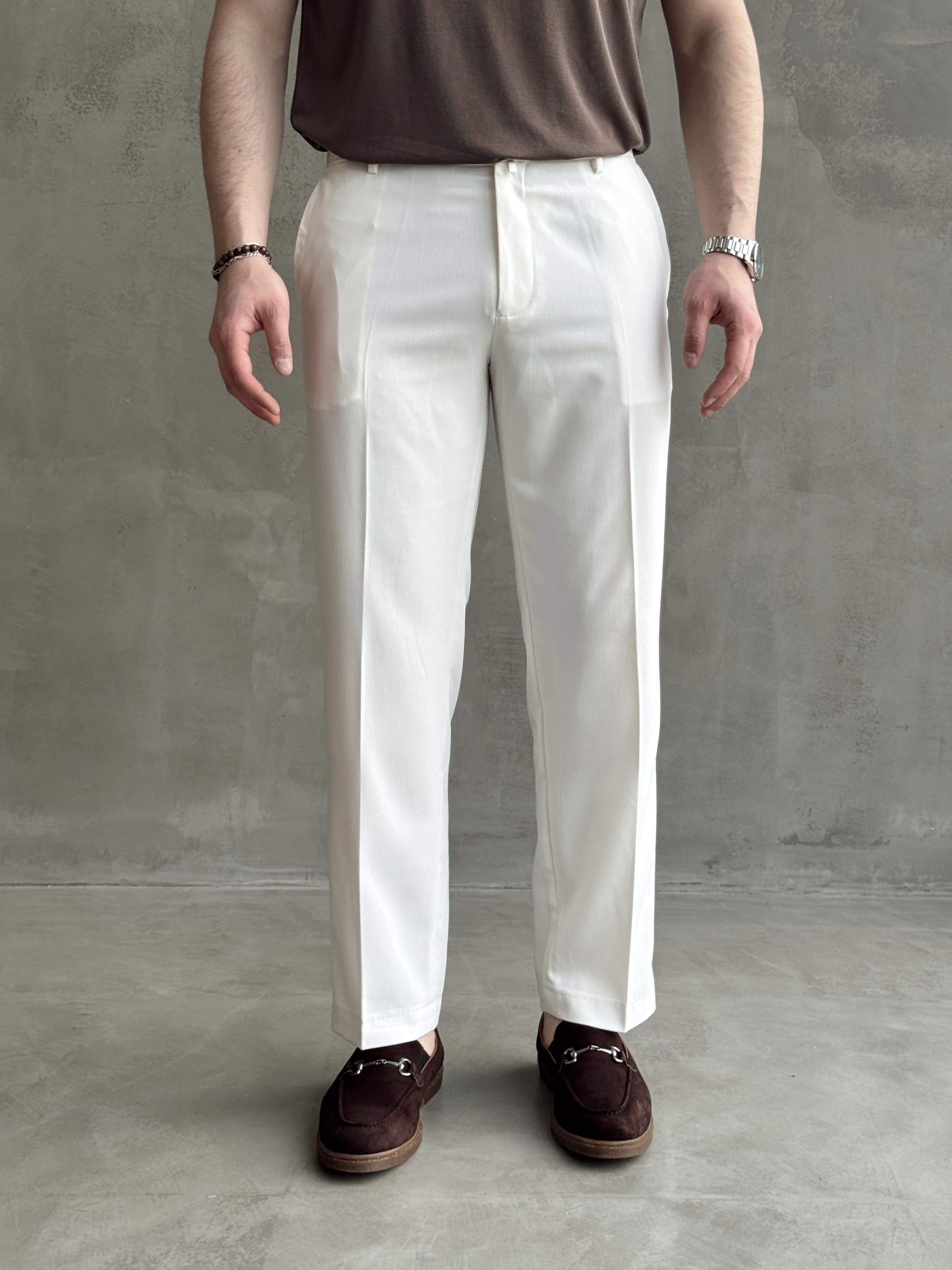 Erkek Business Collection Regular Kalıp Çift Düğme Detaylı Kombinlenebilir Kumaş Pantolon-Beyaz(E1698)Ketench