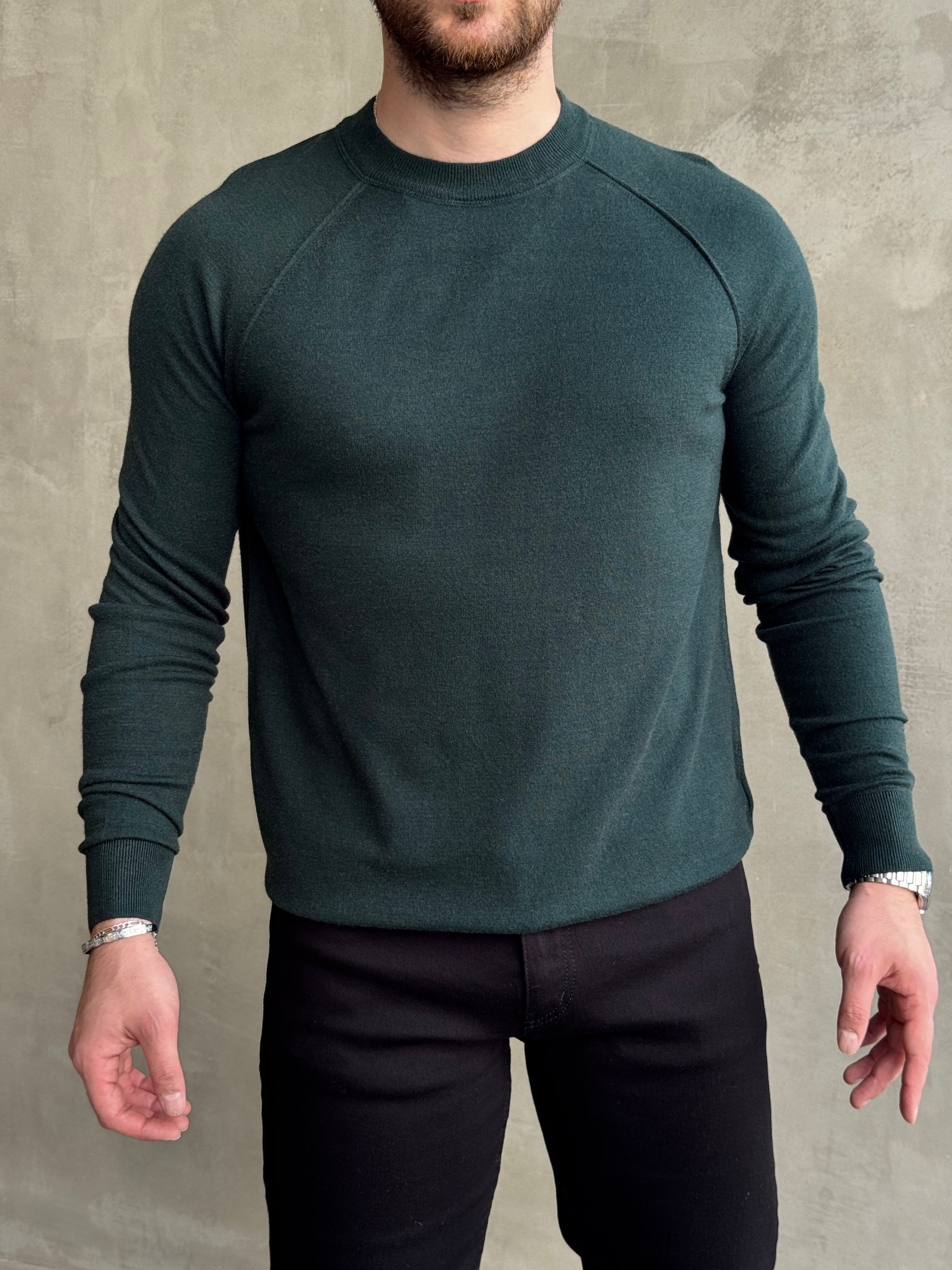 Erkek Business Collection Regular Kalıp Bisiklet Yaka Reglan Kol Triko Kazak-Yeşil(E1859)Ketench