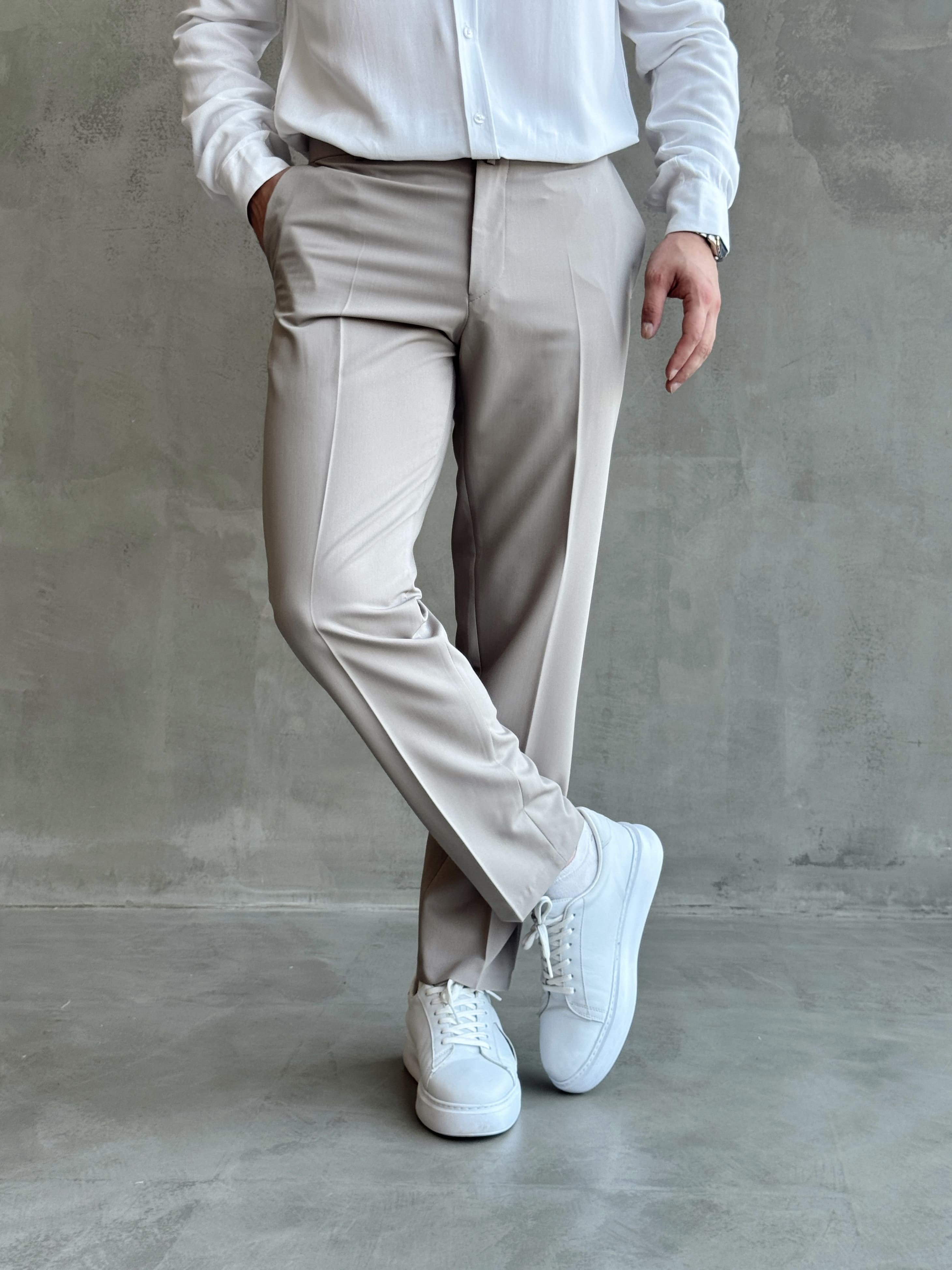 Erkek Business Collection Regular Kalıp Çift Düğme Detaylı Kombinlenebilir Kumaş Pantolon-Taş(E1698)Ketench