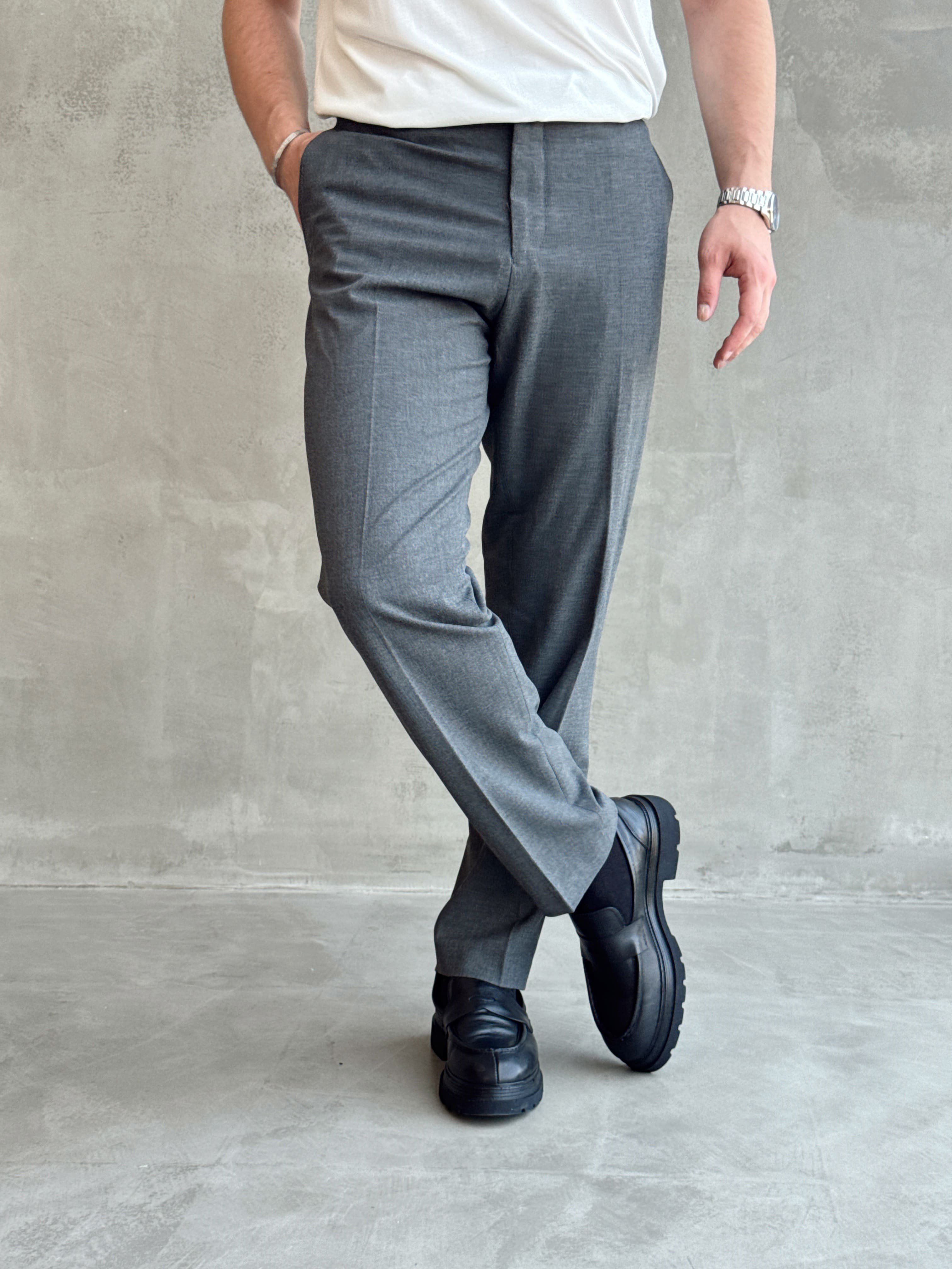 Erkek Business Collection Regular Kalıp Çift Düğme Detaylı Kombinlenebilir Kumaş Pantolon-AntrasitE1698)Ketench