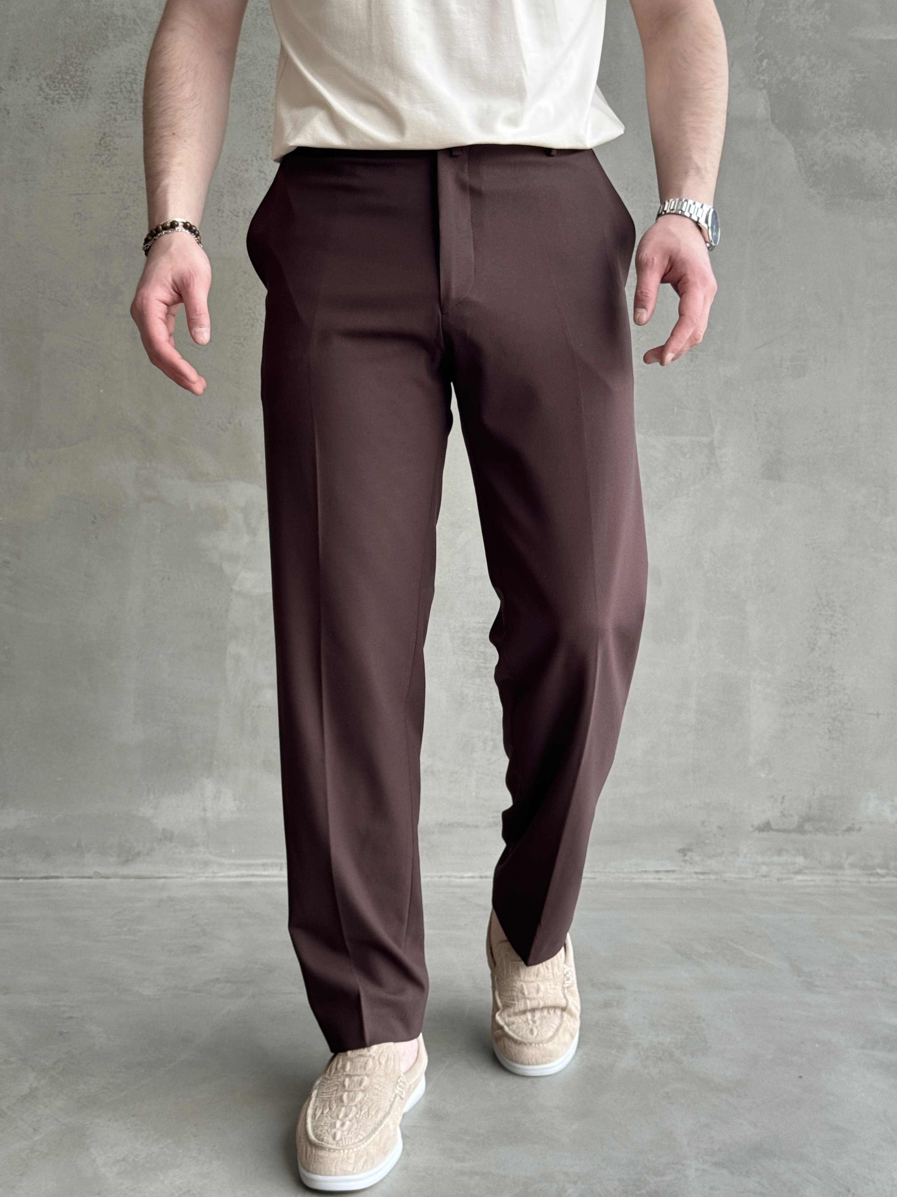 Erkek Business Collection Regular Kalıp Çift Düğme Detaylı Kombinlenebilir Kumaş Pantolon-Kahverengi(E1698)Ketench