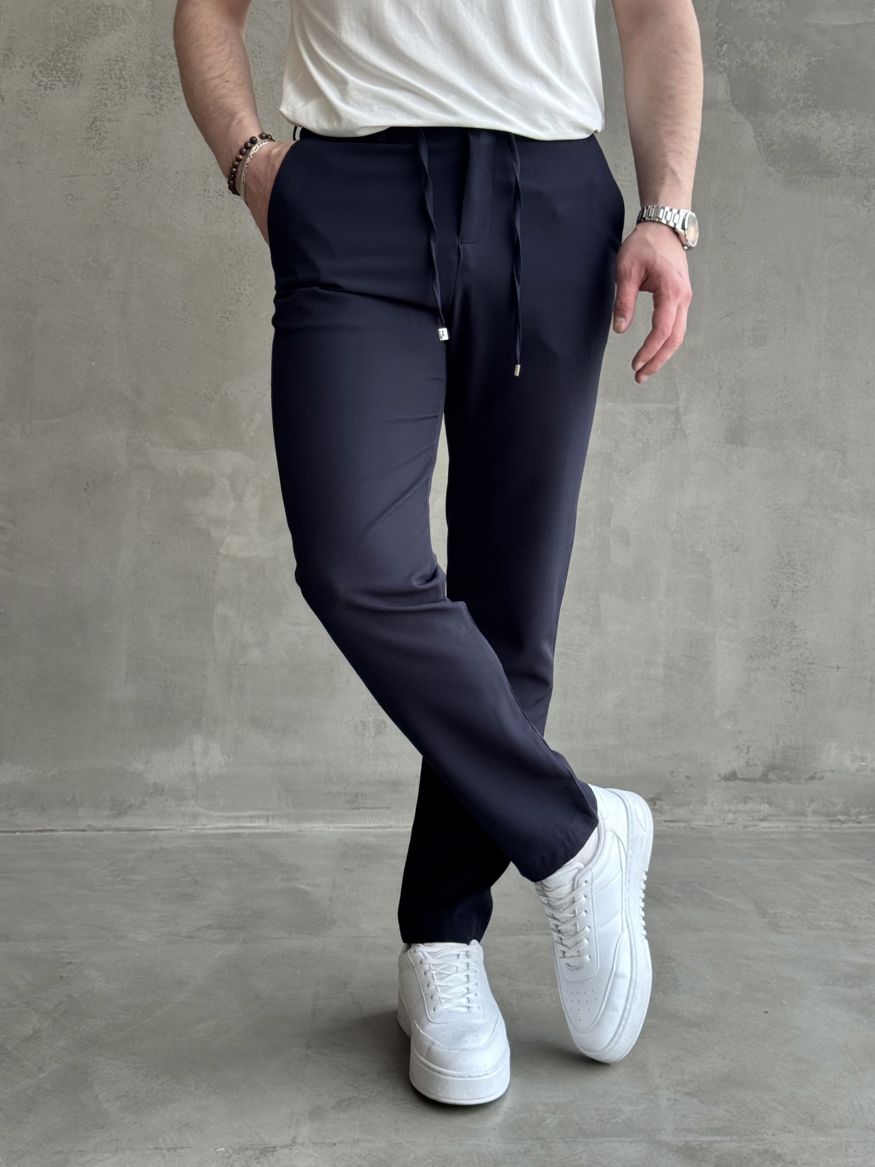 Erkek Business Collection Regular Kalıp Beli Lastikli Bağcıklı Ofis Boy Kumaş Pantolon-Lacivert(E1699)Ketench