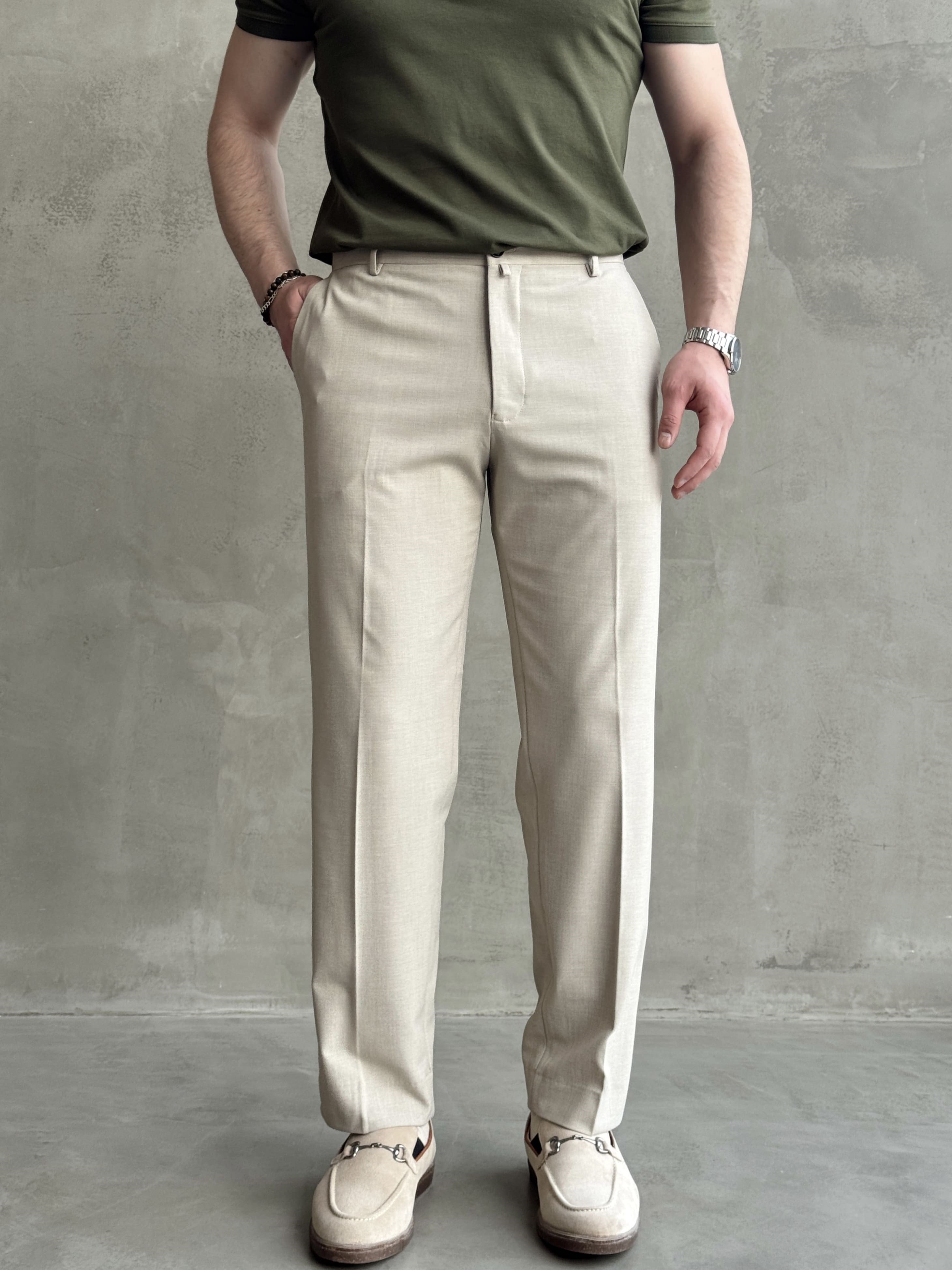 Erkek Business Collection Regular Kalıp Çift Düğme Detaylı Kombinlenebilir Kumaş Pantolon-Bej(E1698)Ketench