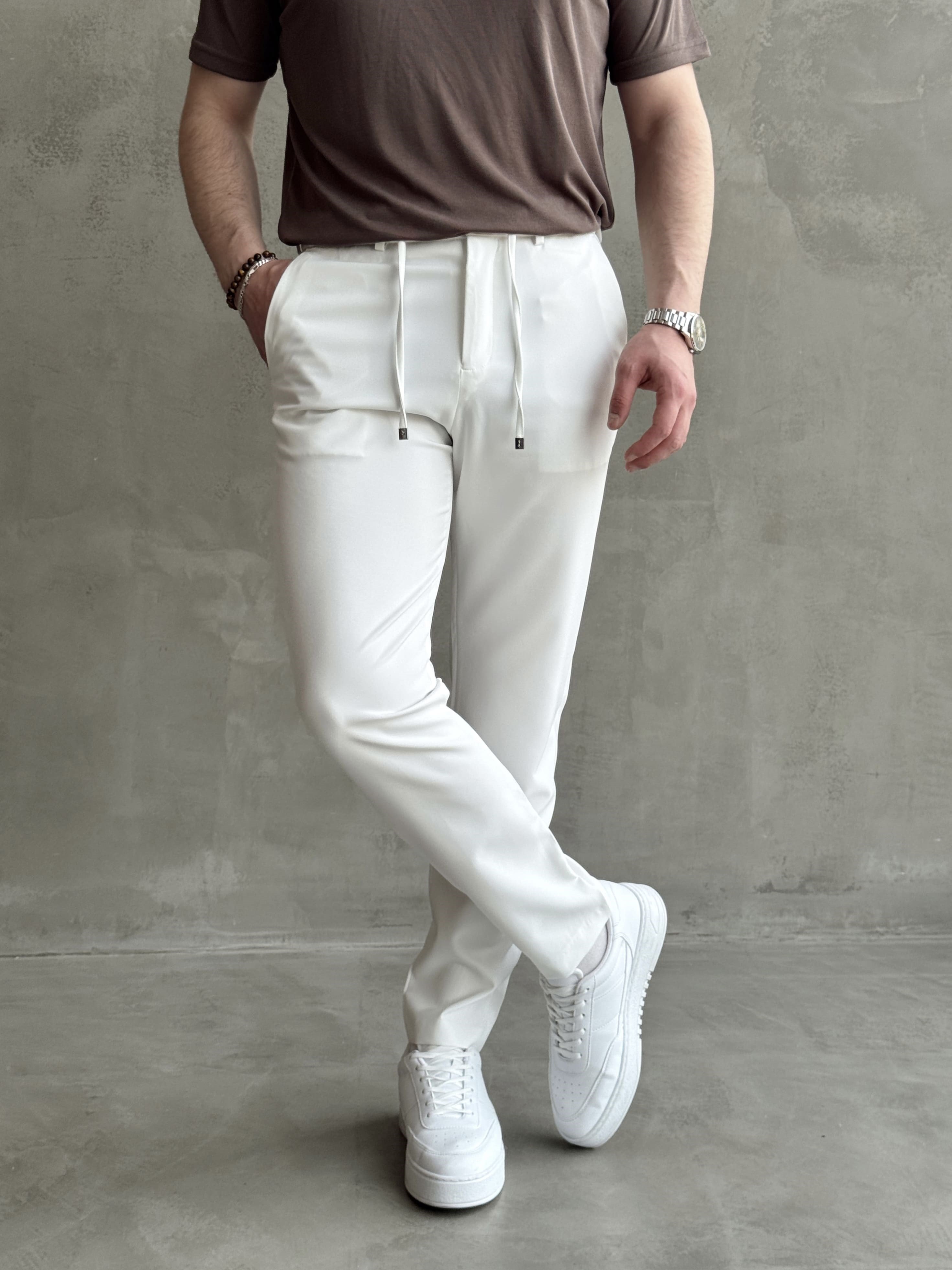 Erkek Business Collection Regular Kalıp Beli Lastikli Bağcıklı Ofis Boy Kumaş Pantolon-Beyaz(E1699)Ketench