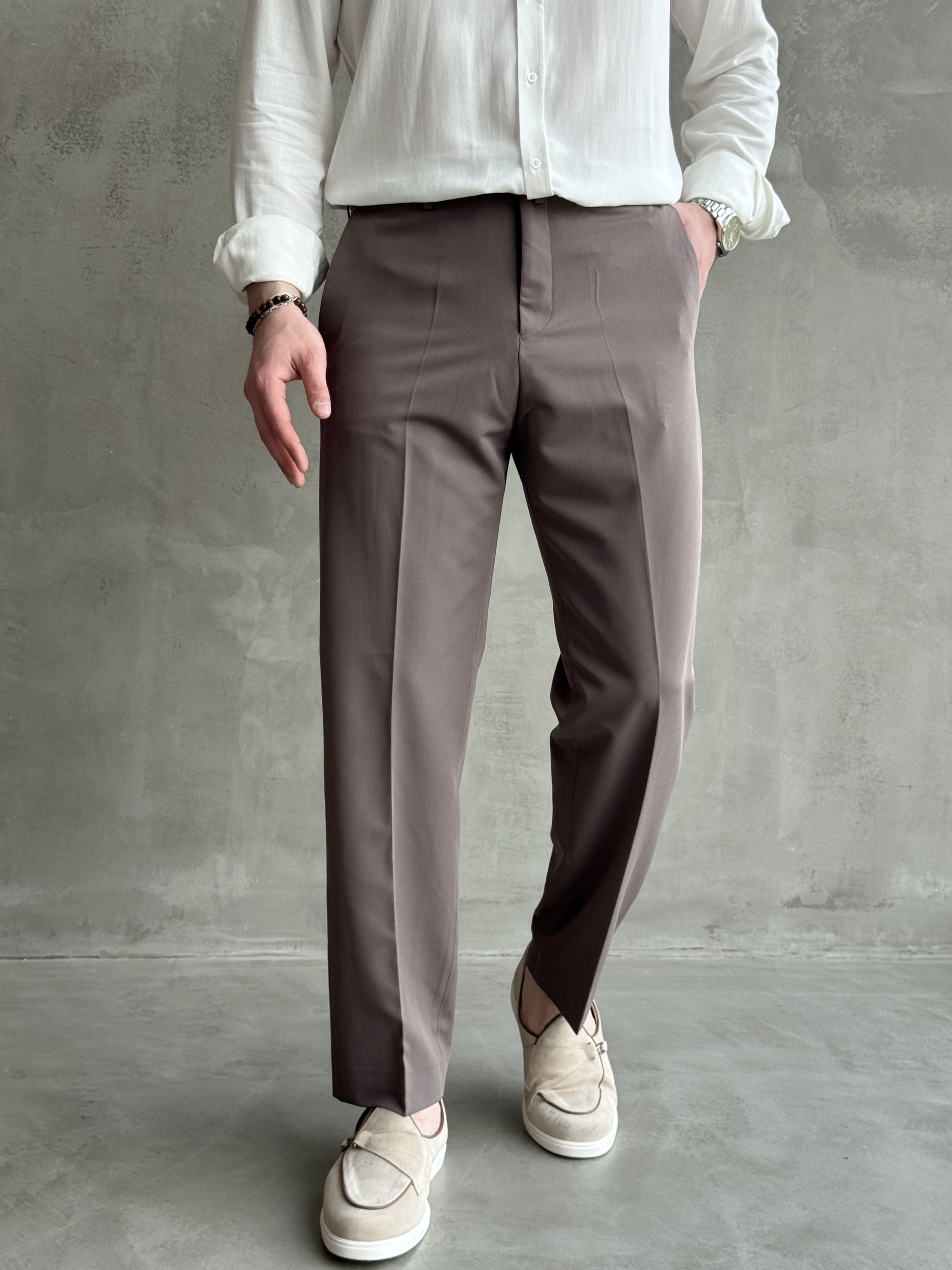 Erkek Business Collection Regular Kalıp Çift Düğme Detaylı Kombinlenebilir Kumaş Pantolon-Vizon(E1698)Ketench