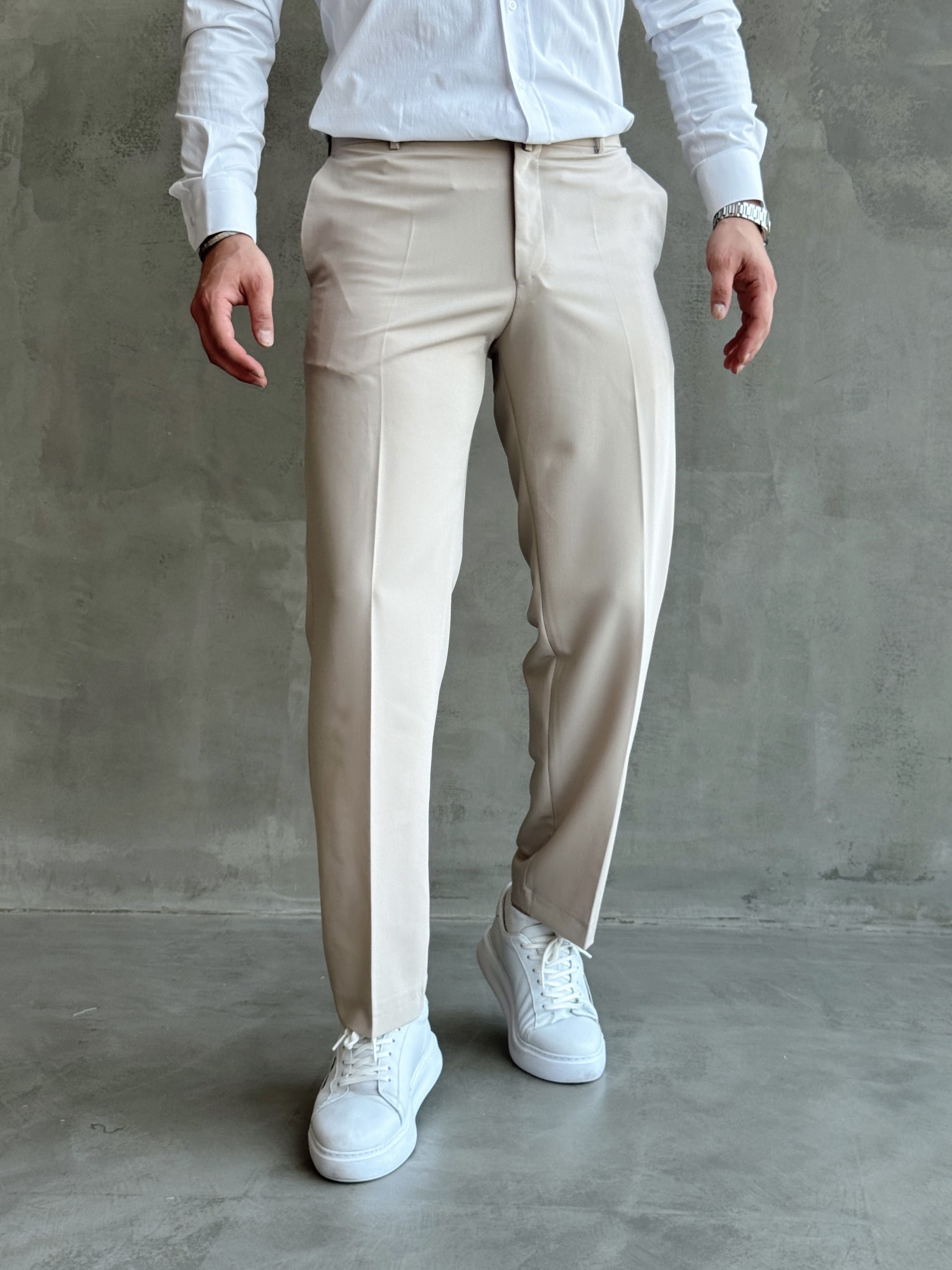 Erkek Business Collection Regular Kalıp Çift Düğme Detaylı Kombinlenebilir Kumaş Pantolon-Krem(E1698)Ketench
