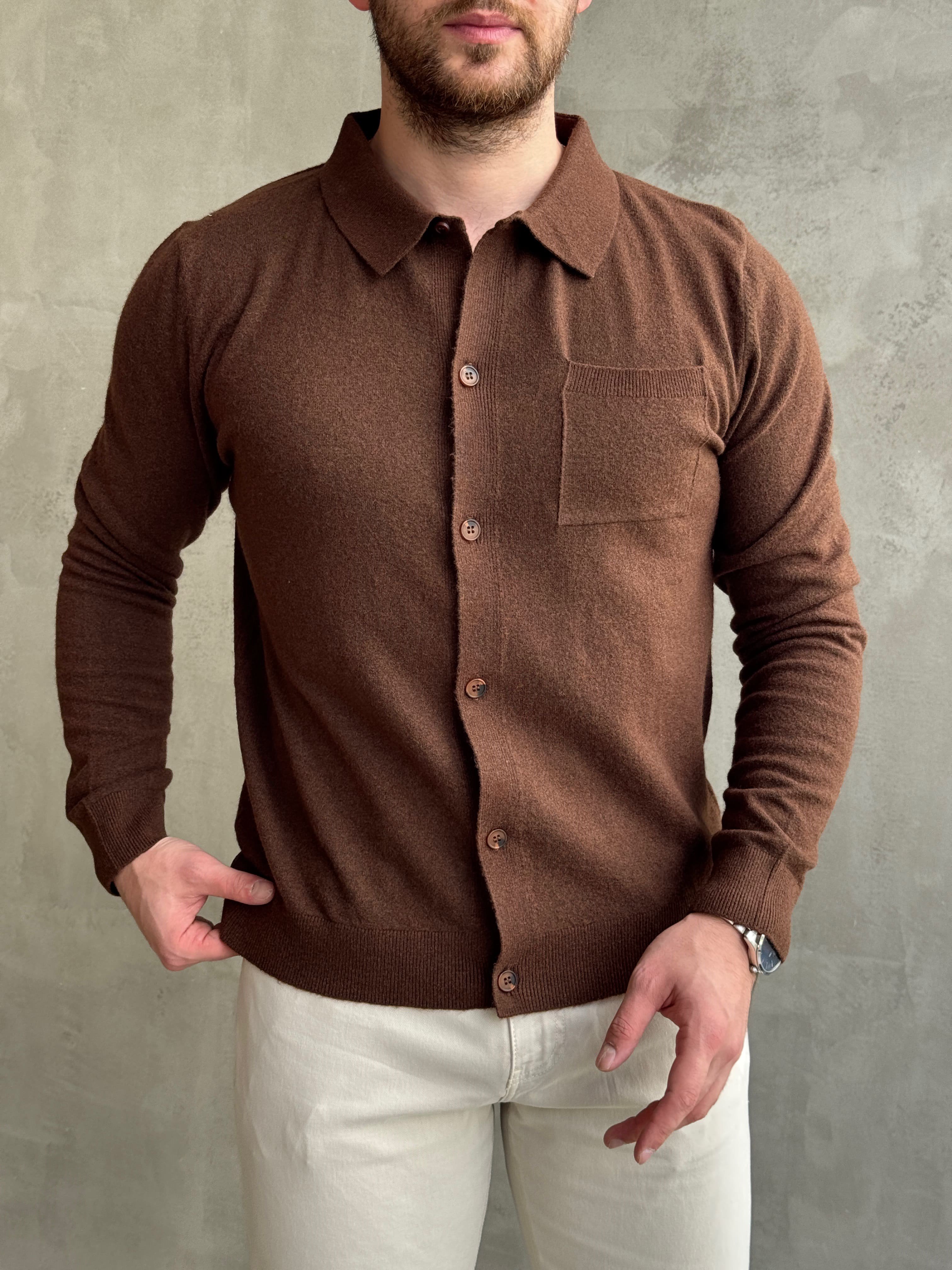 Erkek Business Collection Regular Kalıp Düğmeli Lyocell Triko Hırka-Kahverengi(E1853)Ketench
