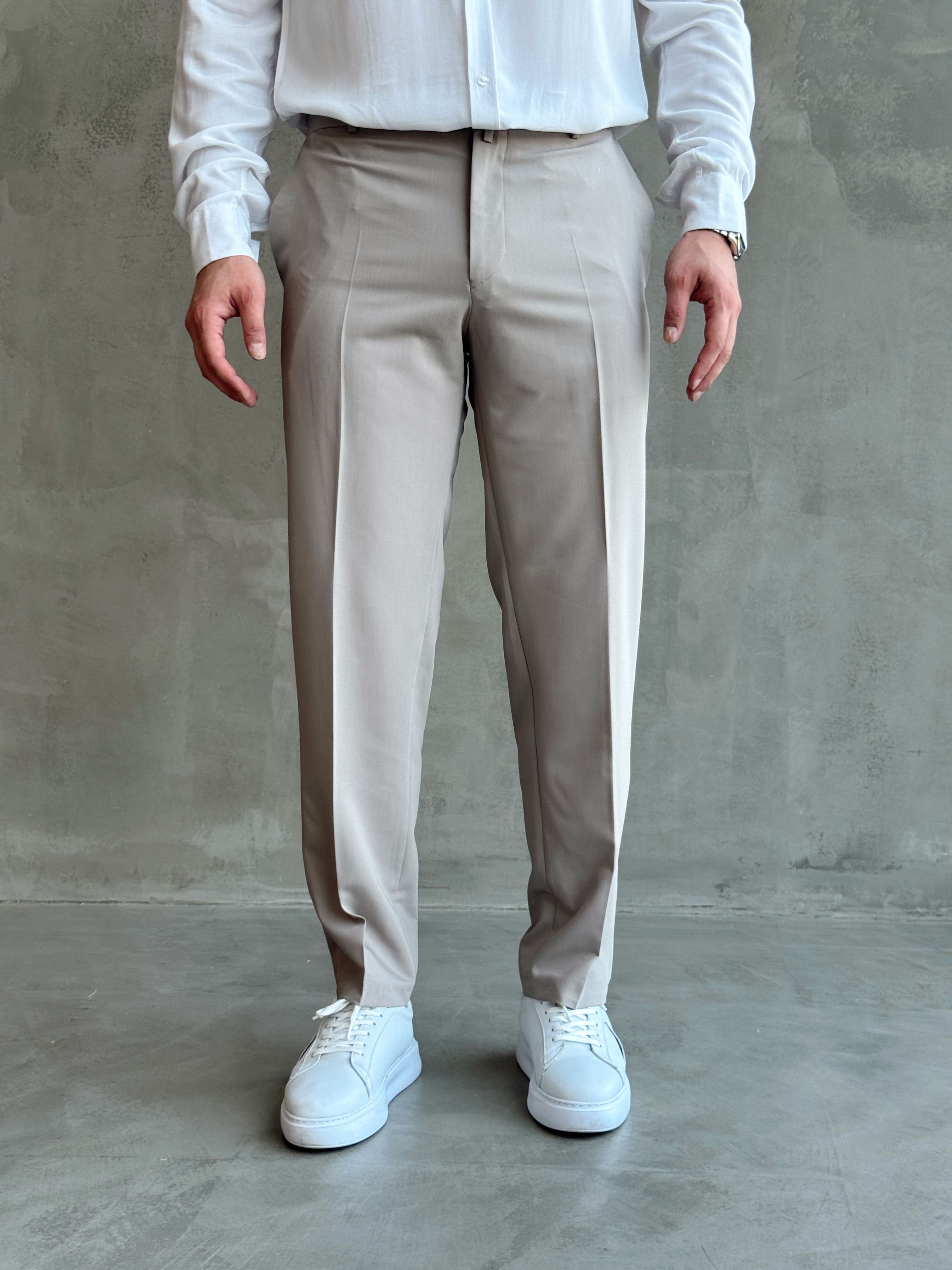 Erkek Business Collection Regular Kalıp Çift Düğme Detaylı Kombinlenebilir Kumaş Pantolon-Taş(E1698)Ketench