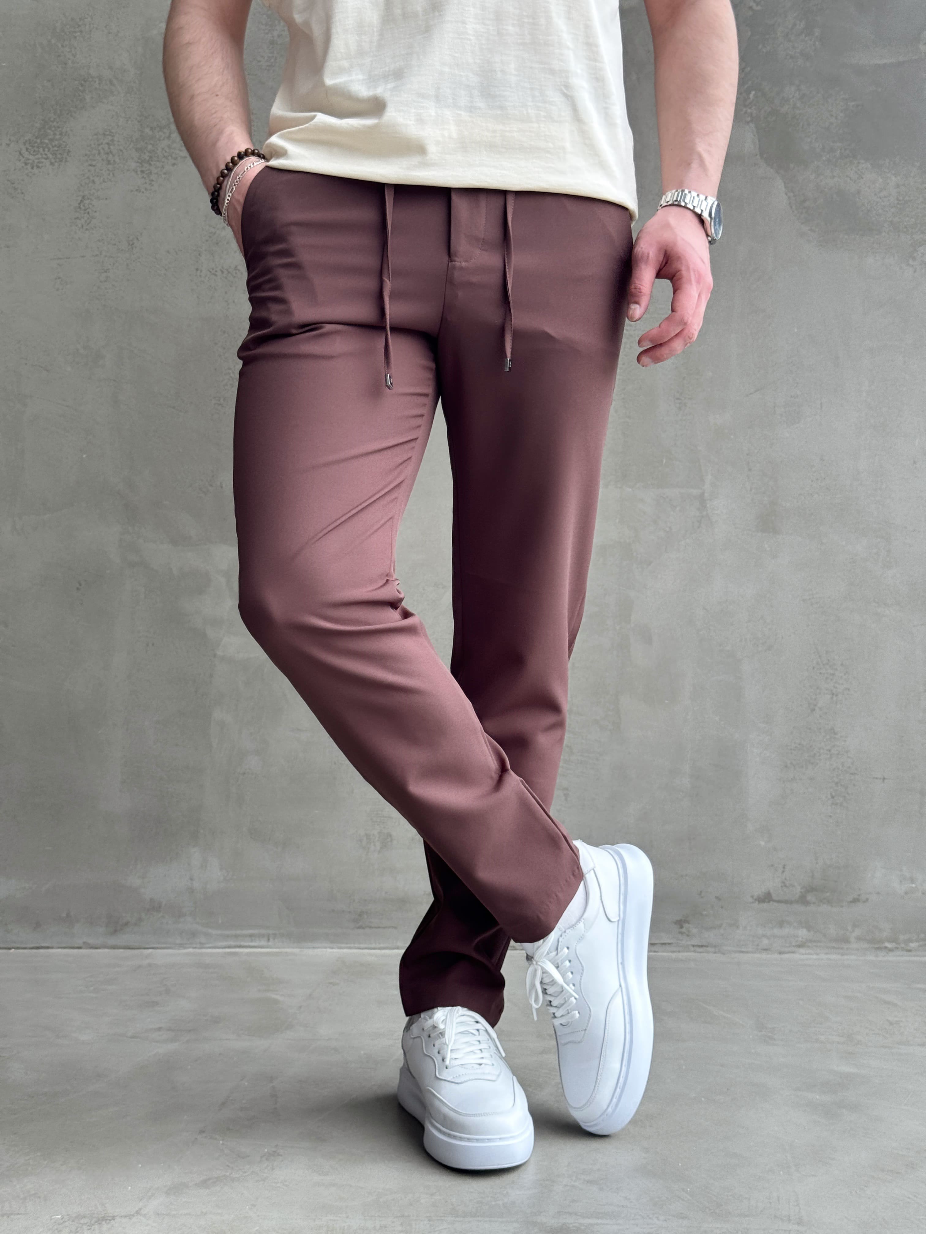 Erkek Business Collection Regular Kalıp Beli Lastikli Bağcıklı Ofis Boy Kumaş Pantolon-Kahverengi(E1699)Ketench