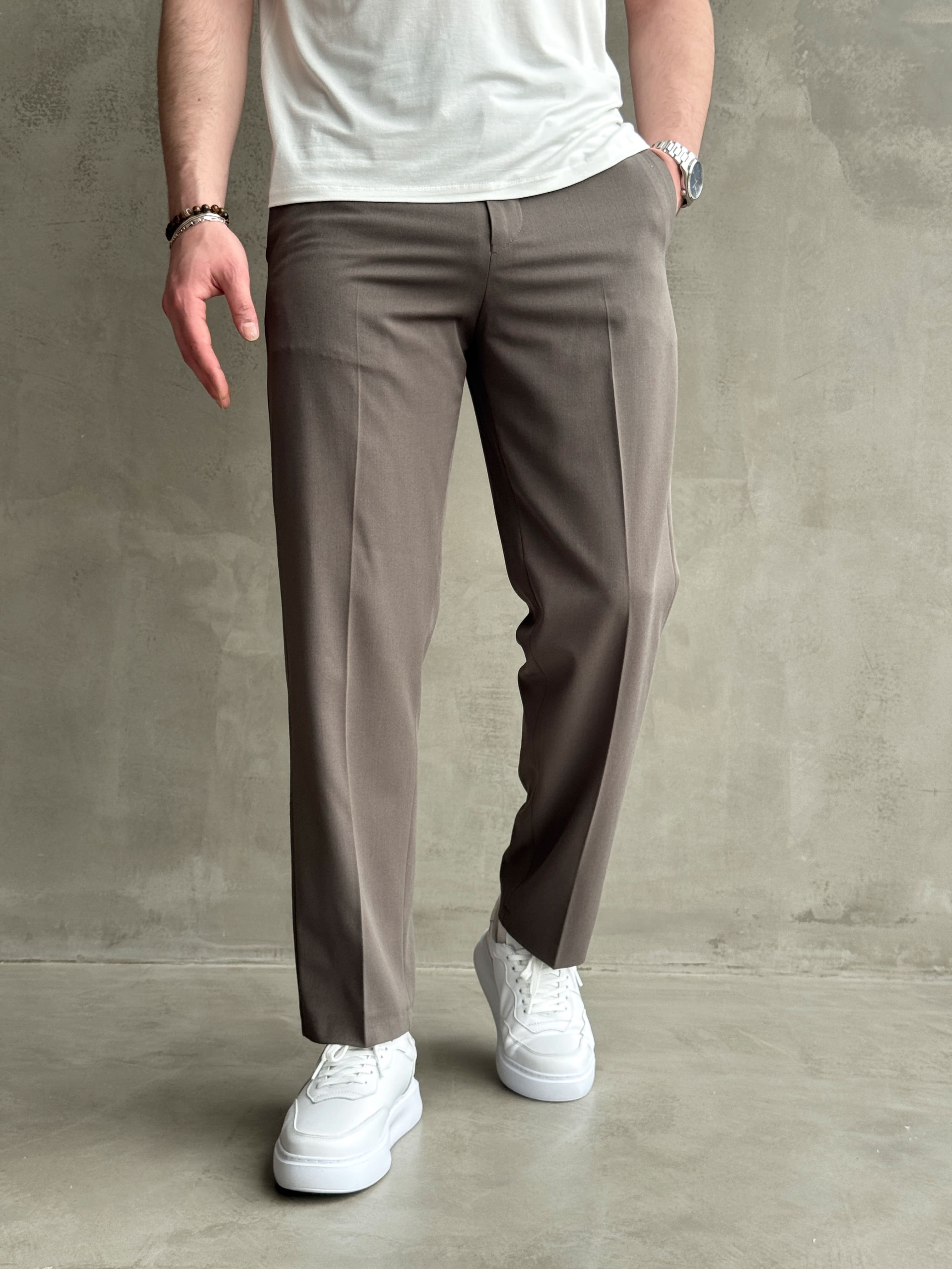 Erkek Business Collection Regular Kalıp Çift Düğme Detaylı Kombinlenebilir Kumaş Pantolon-Füme(E1698)Ketench