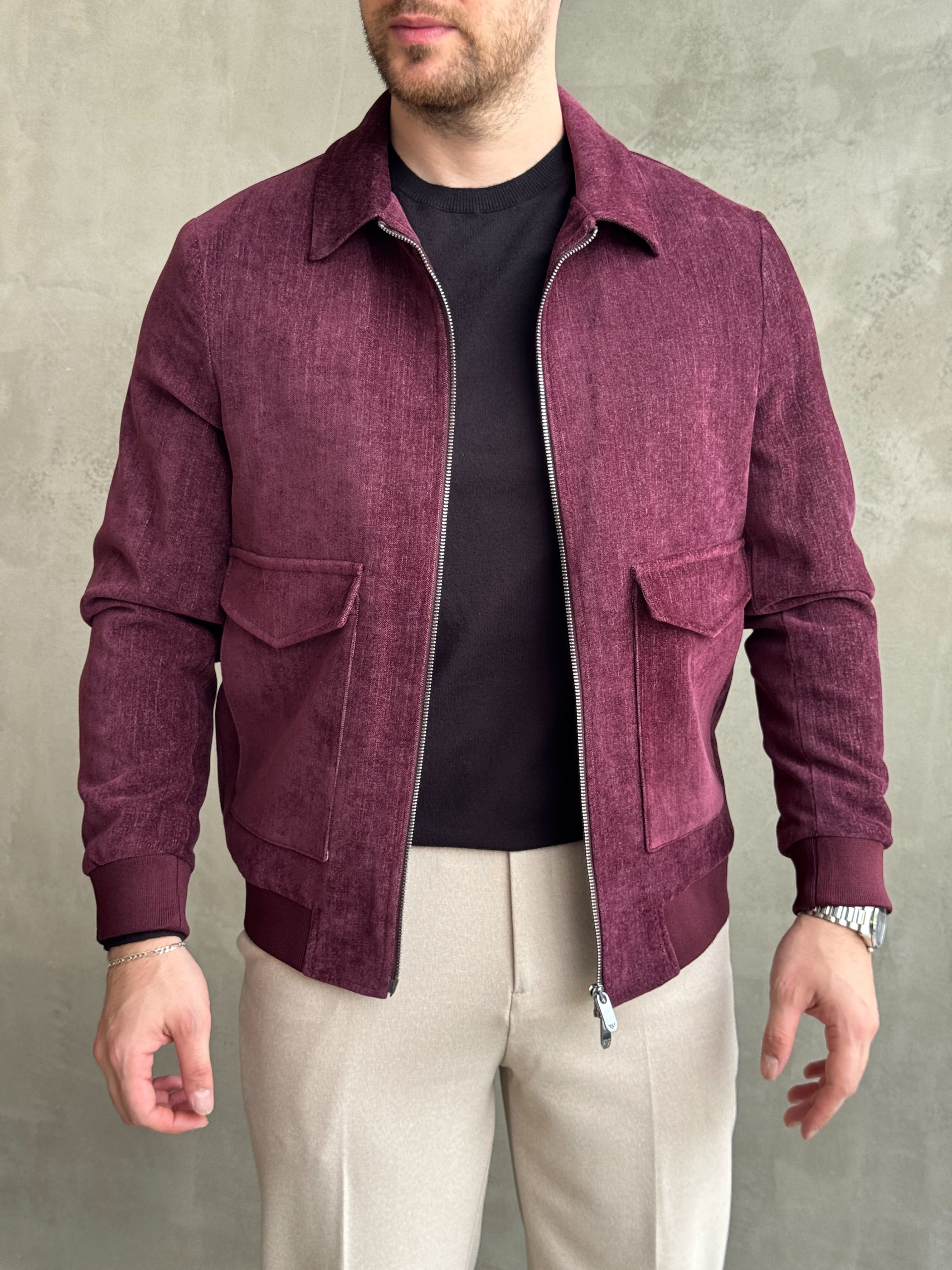 Erkek Business Collection Regular Kalıp Yumuşak Dokulu Cep Detaylı Şönil Örme Kumaş Ceket-Bordo(E1854)Ketench