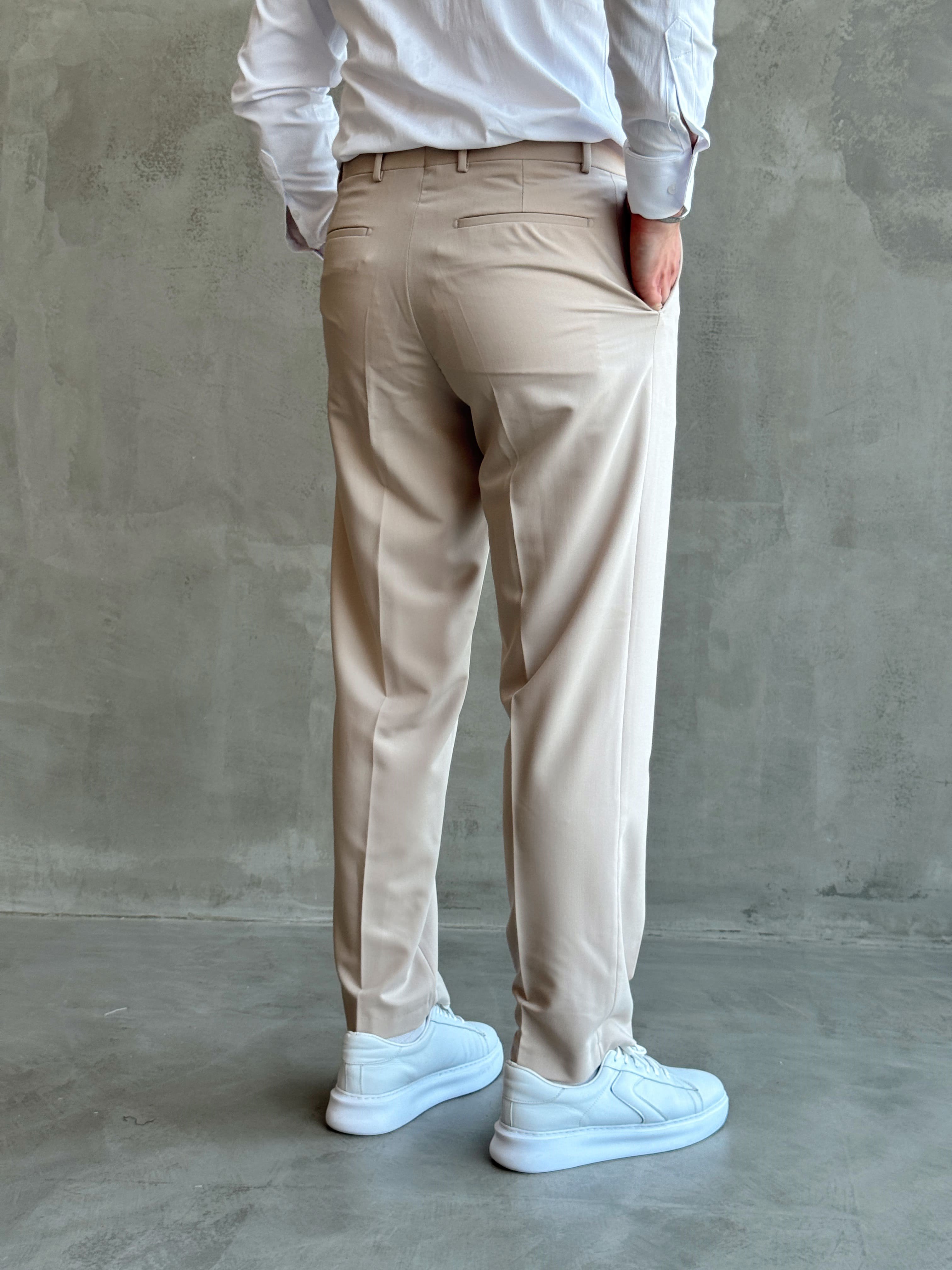 Erkek Business Collection Regular Kalıp Çift Düğme Detaylı Kombinlenebilir Kumaş Pantolon-Krem(E1698)Ketench