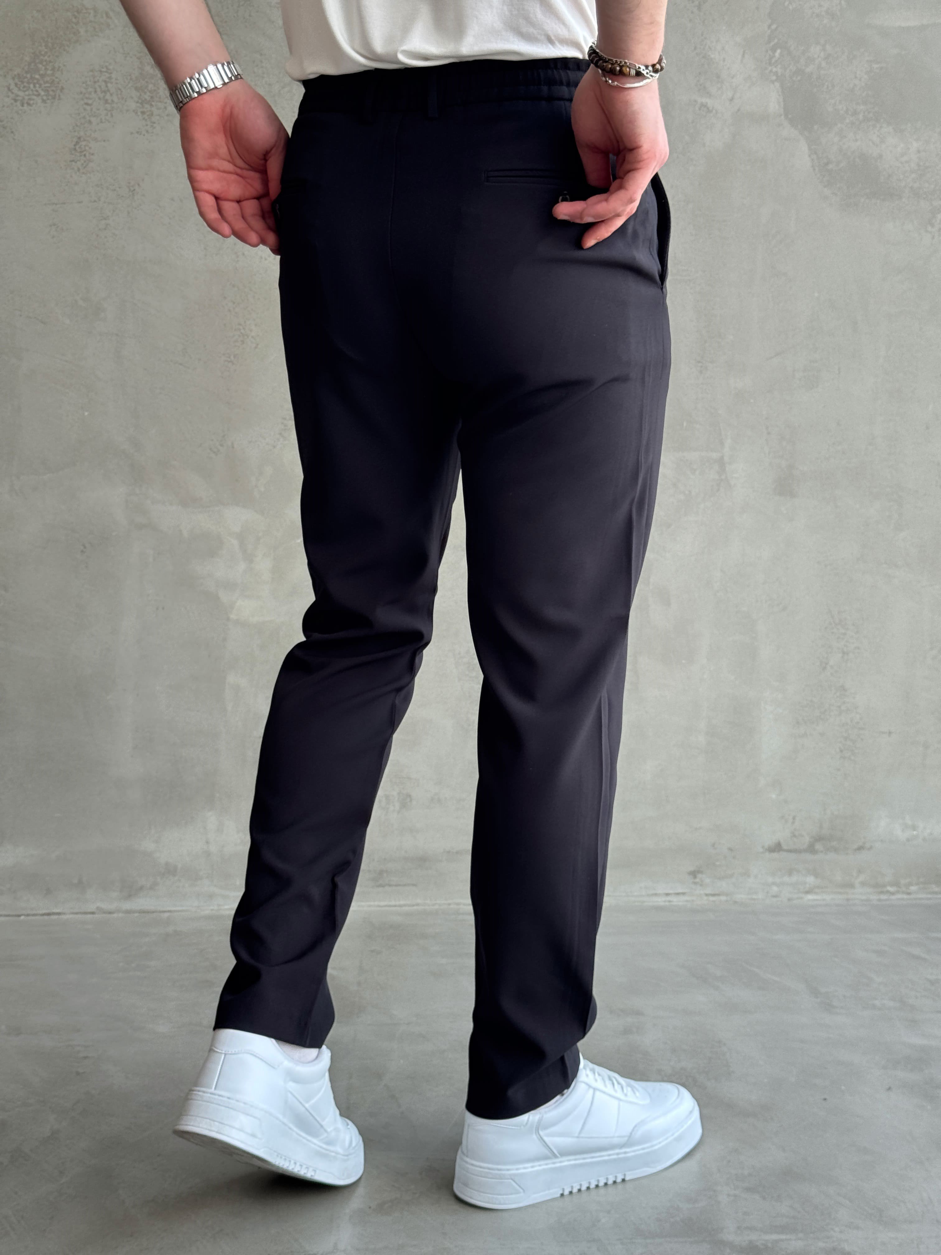 Erkek Business Collection Regular Kalıp Beli Lastikli Bağcıklı Ofis Boy Kumaş Pantolon-Siyah(E1699)Ketench