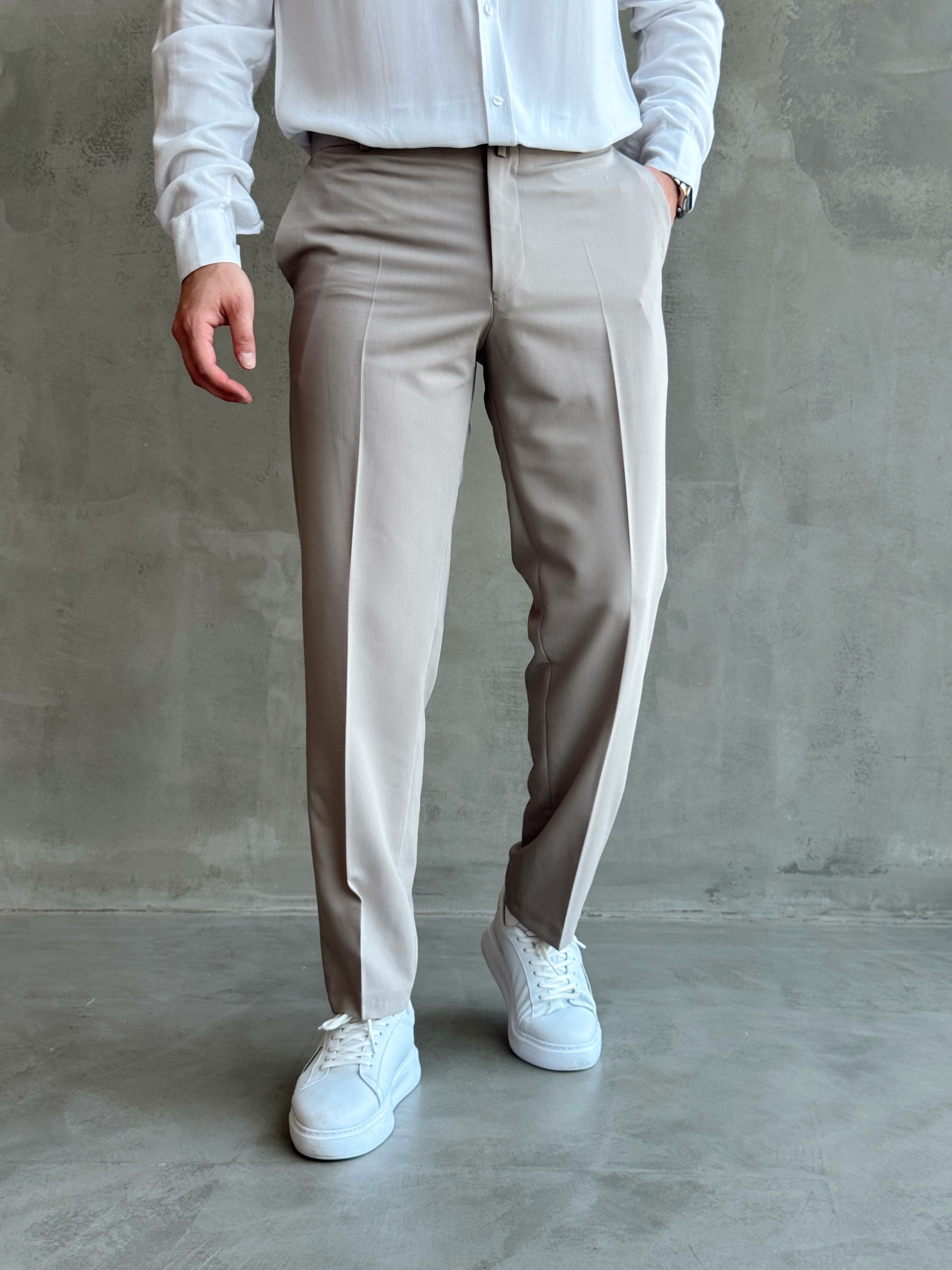 Erkek Business Collection Regular Kalıp Çift Düğme Detaylı Kombinlenebilir Kumaş Pantolon-Taş(E1698)Ketench