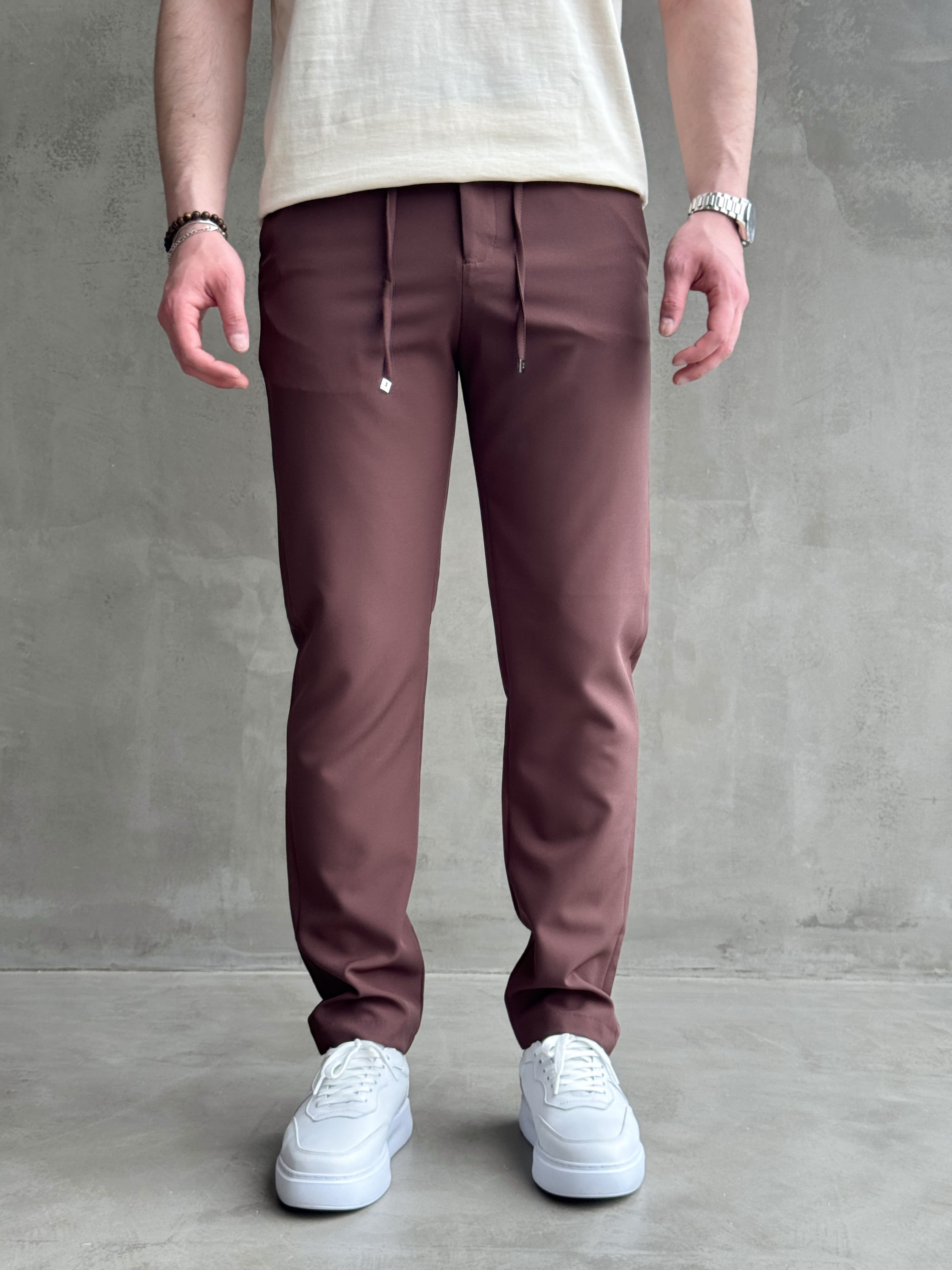 Erkek Business Collection Regular Kalıp Beli Lastikli Bağcıklı Ofis Boy Kumaş Pantolon-Kahverengi(E1699)Ketench