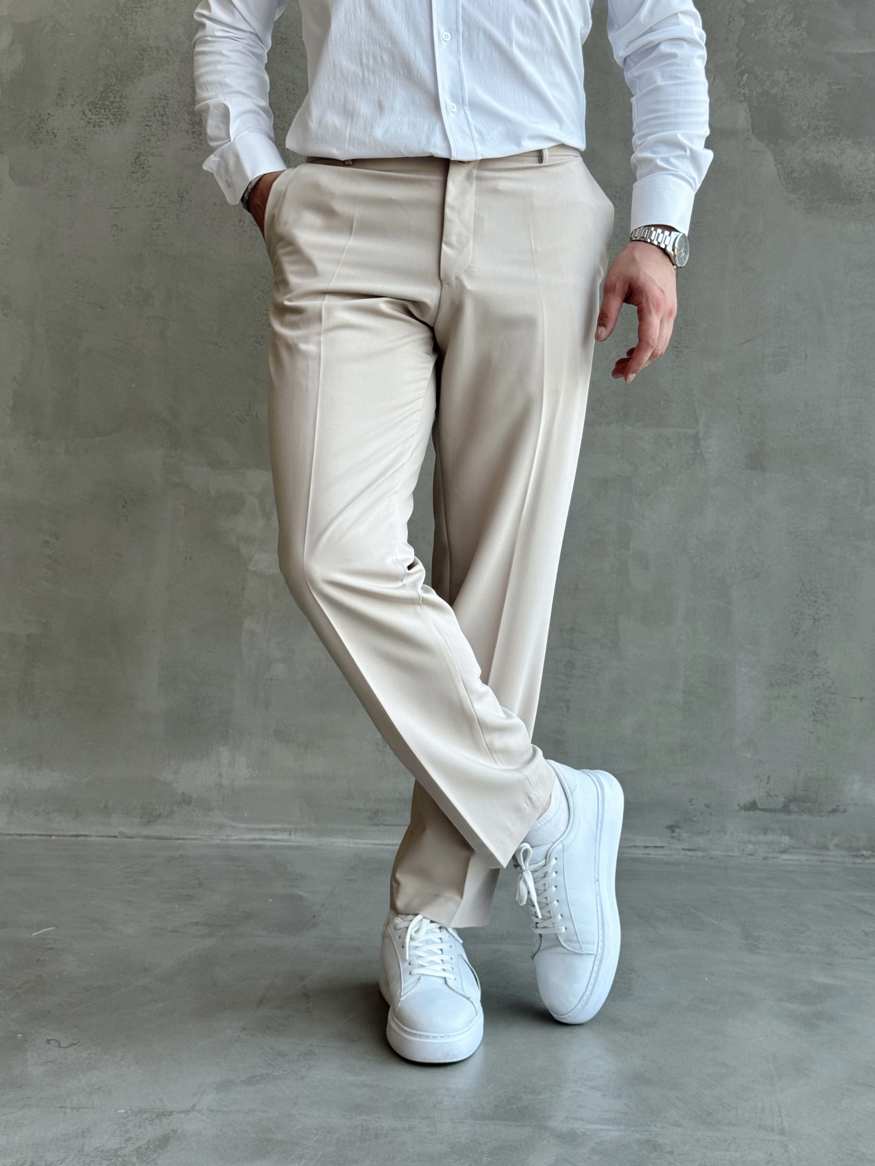 Erkek Business Collection Regular Kalıp Çift Düğme Detaylı Kombinlenebilir Kumaş Pantolon-Krem(E1698)Ketench