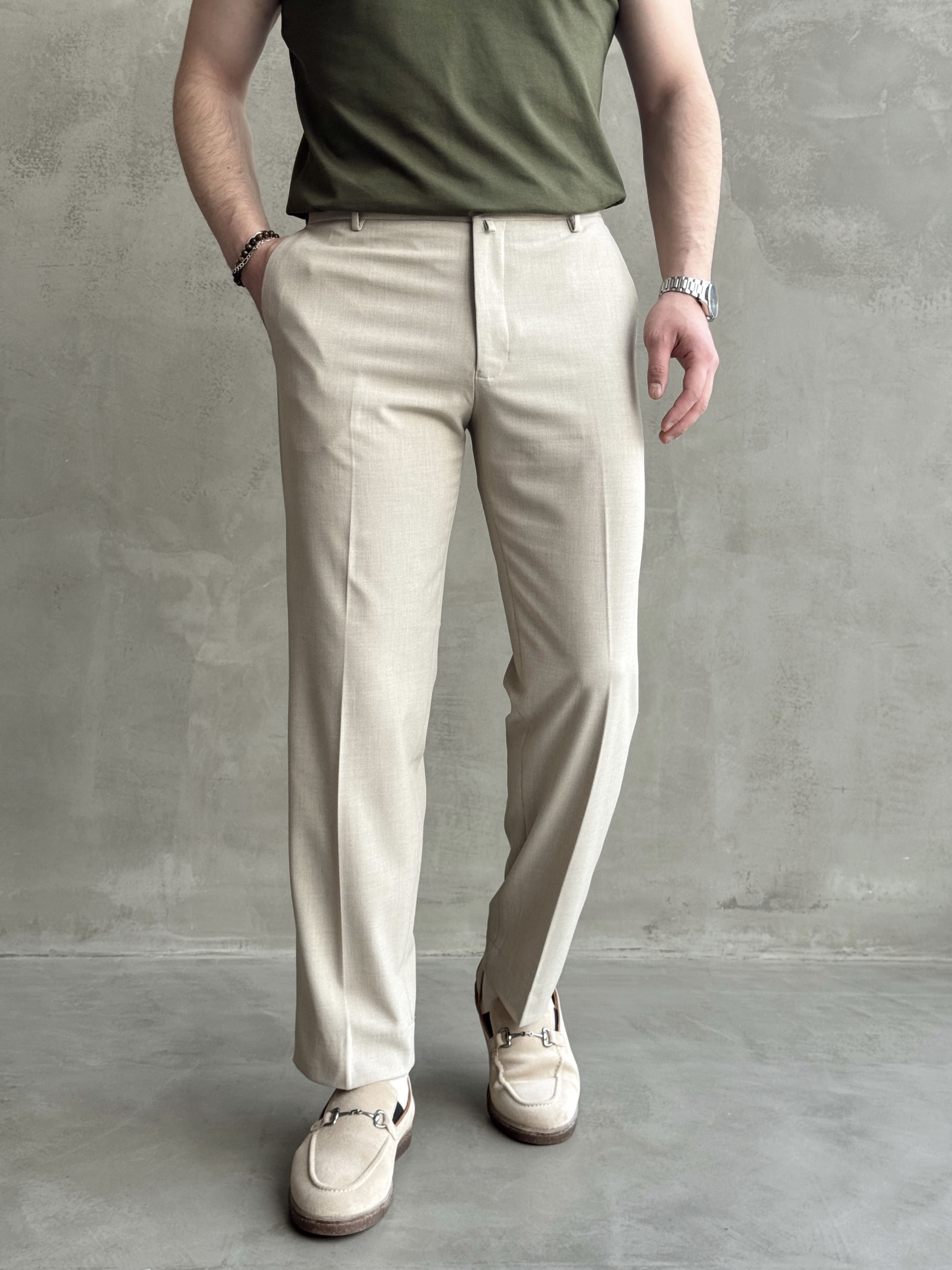 Erkek Business Collection Regular Kalıp Çift Düğme Detaylı Kombinlenebilir Kumaş Pantolon-Bej(E1698)Ketench