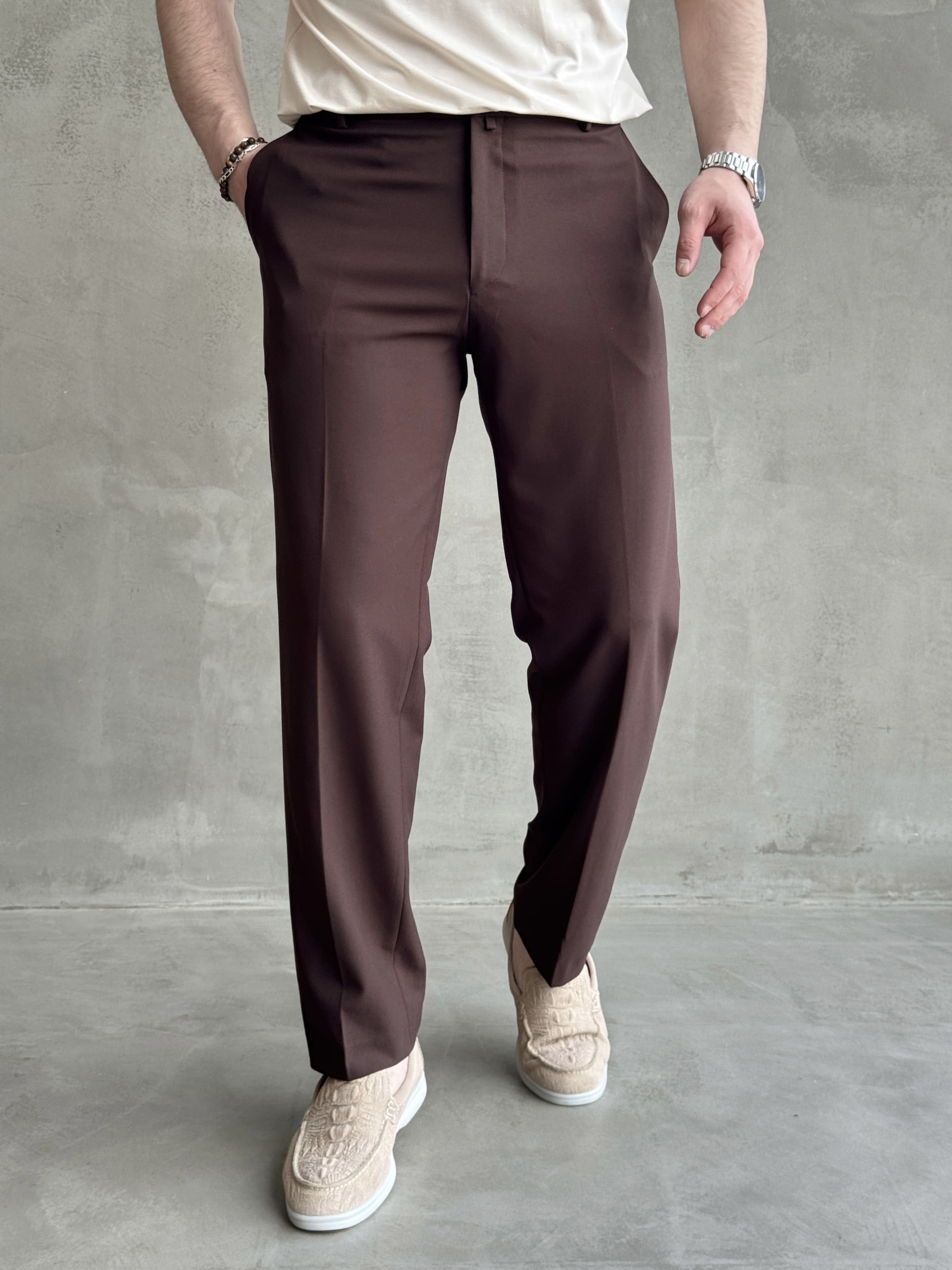 Erkek Business Collection Regular Kalıp Çift Düğme Detaylı Kombinlenebilir Kumaş Pantolon-Kahverengi(E1698)Ketench