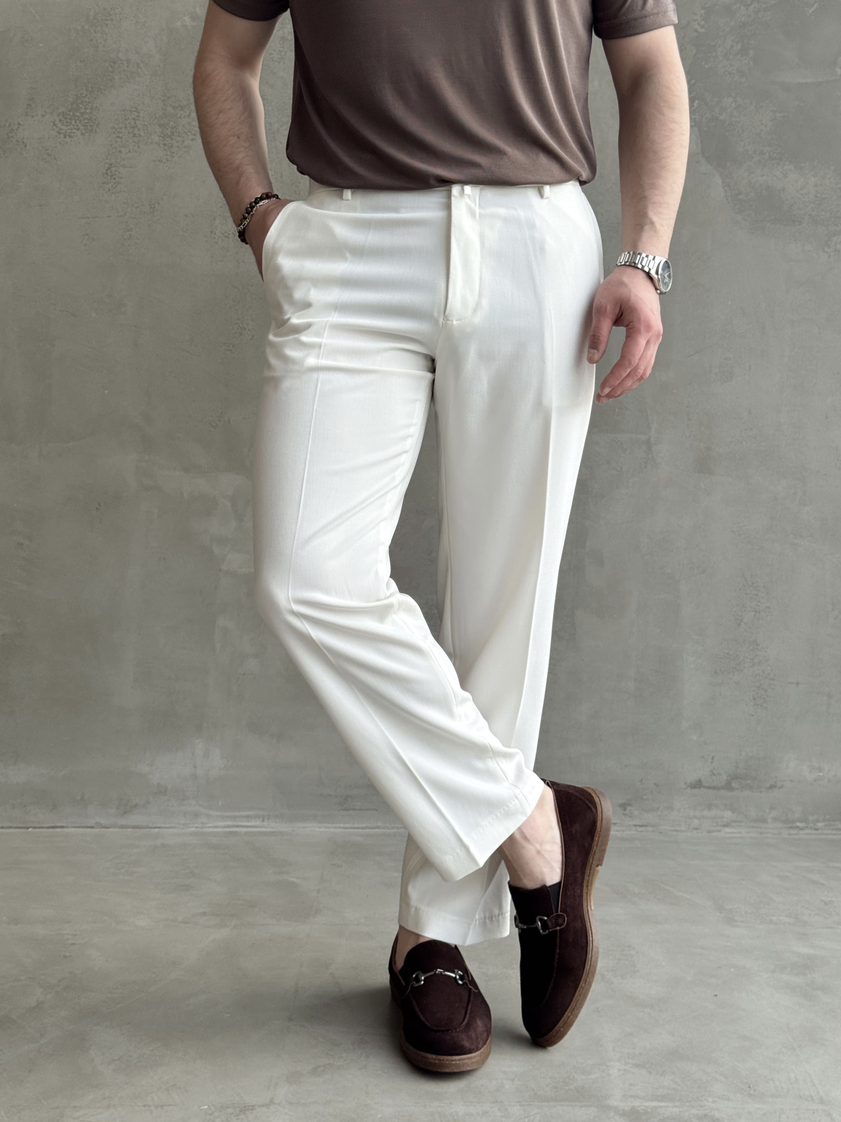 Erkek Business Collection Regular Kalıp Çift Düğme Detaylı Kombinlenebilir Kumaş Pantolon-Beyaz(E1698)Ketench