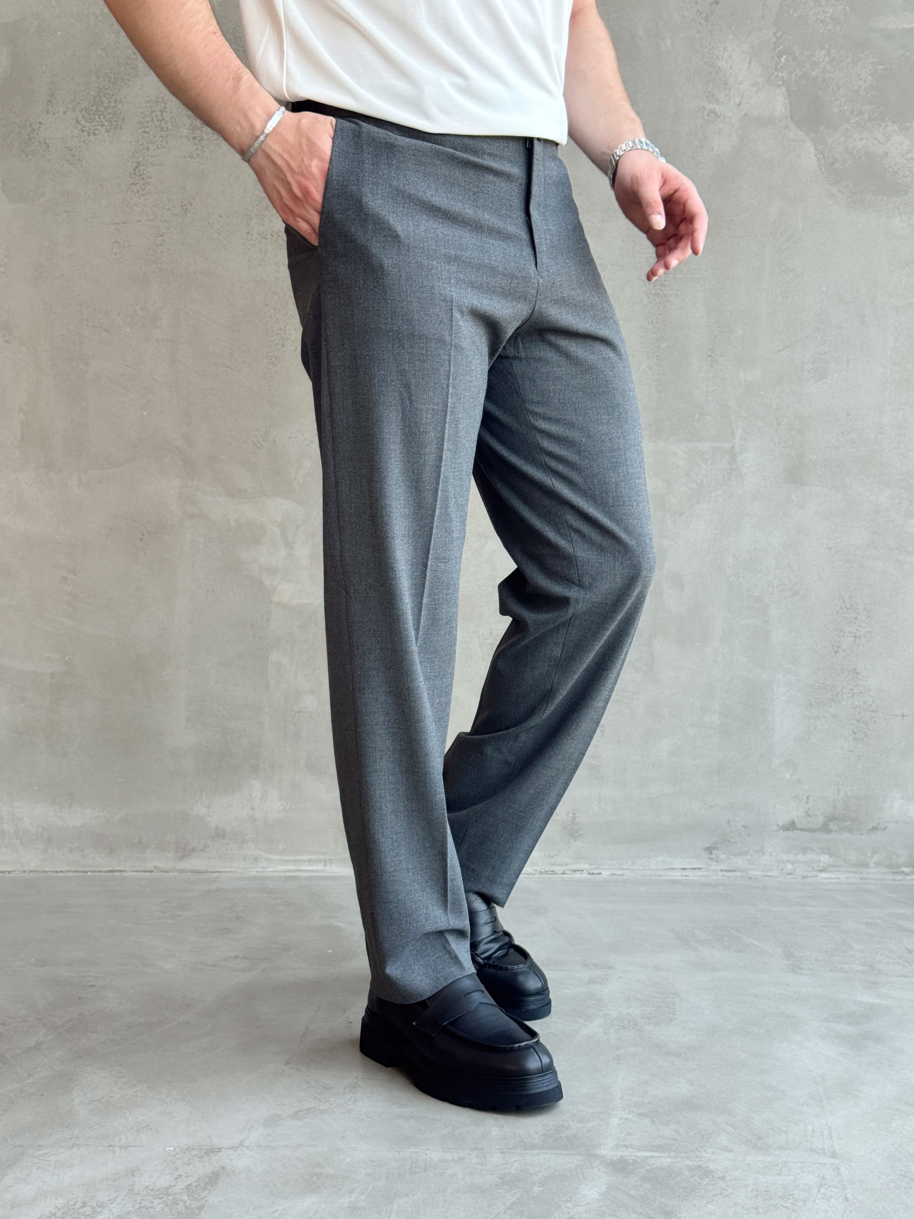 Erkek Business Collection Regular Kalıp Çift Düğme Detaylı Kombinlenebilir Kumaş Pantolon-AntrasitE1698)Ketench