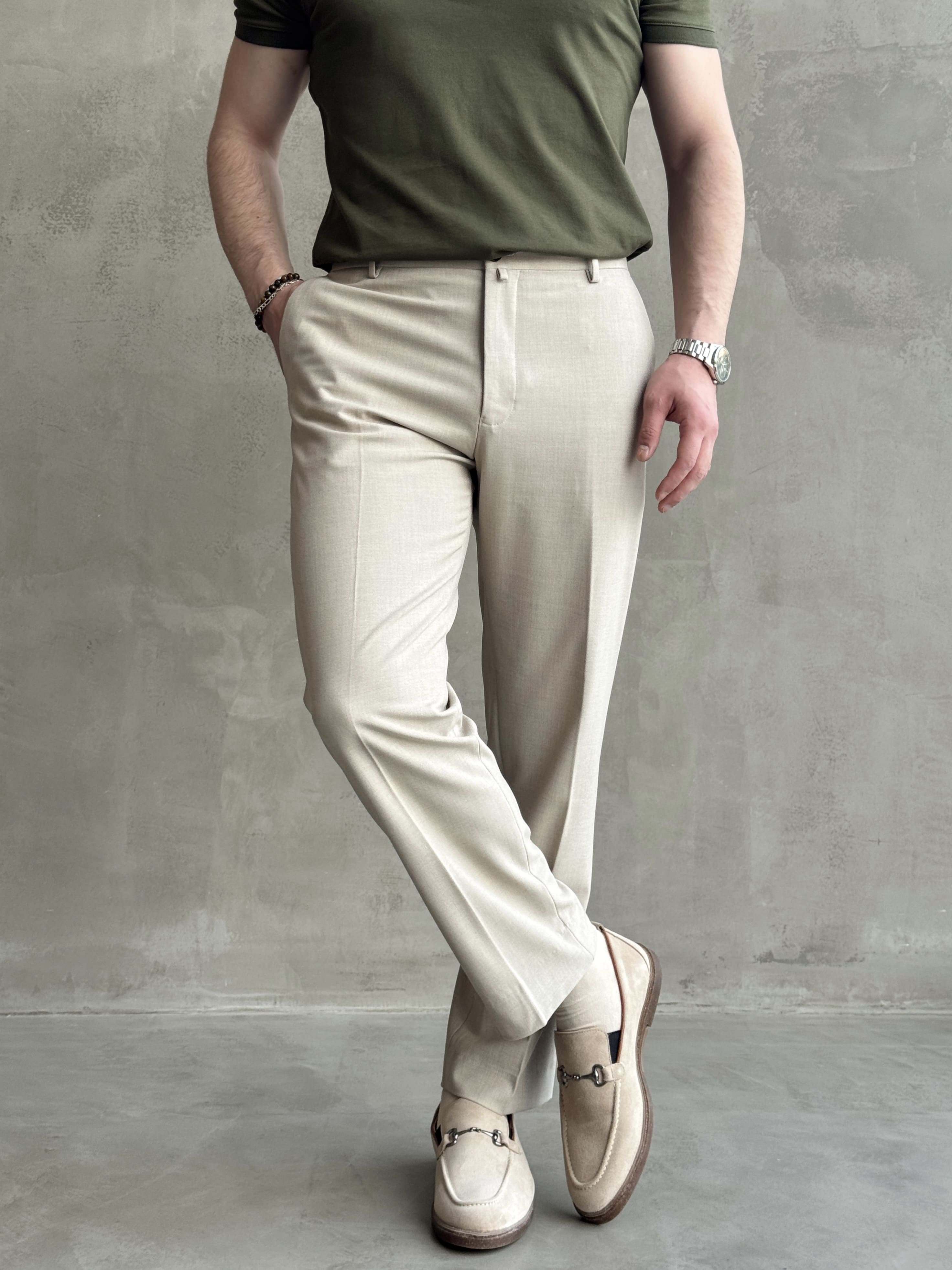 Erkek Business Collection Regular Kalıp Çift Düğme Detaylı Kombinlenebilir Kumaş Pantolon-Bej(E1698)Ketench