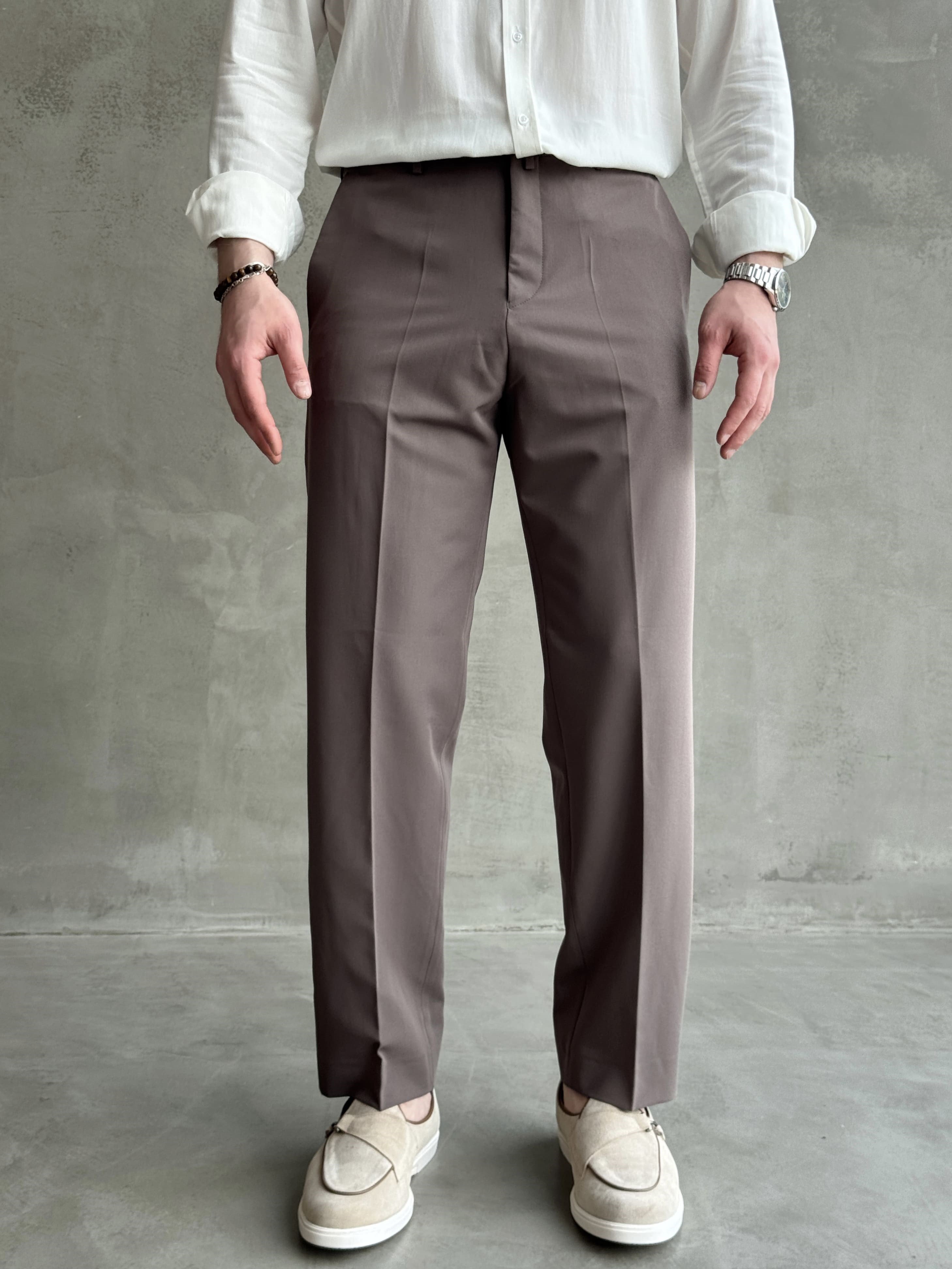 Erkek Business Collection Regular Kalıp Çift Düğme Detaylı Kombinlenebilir Kumaş Pantolon-Vizon(E1698)Ketench