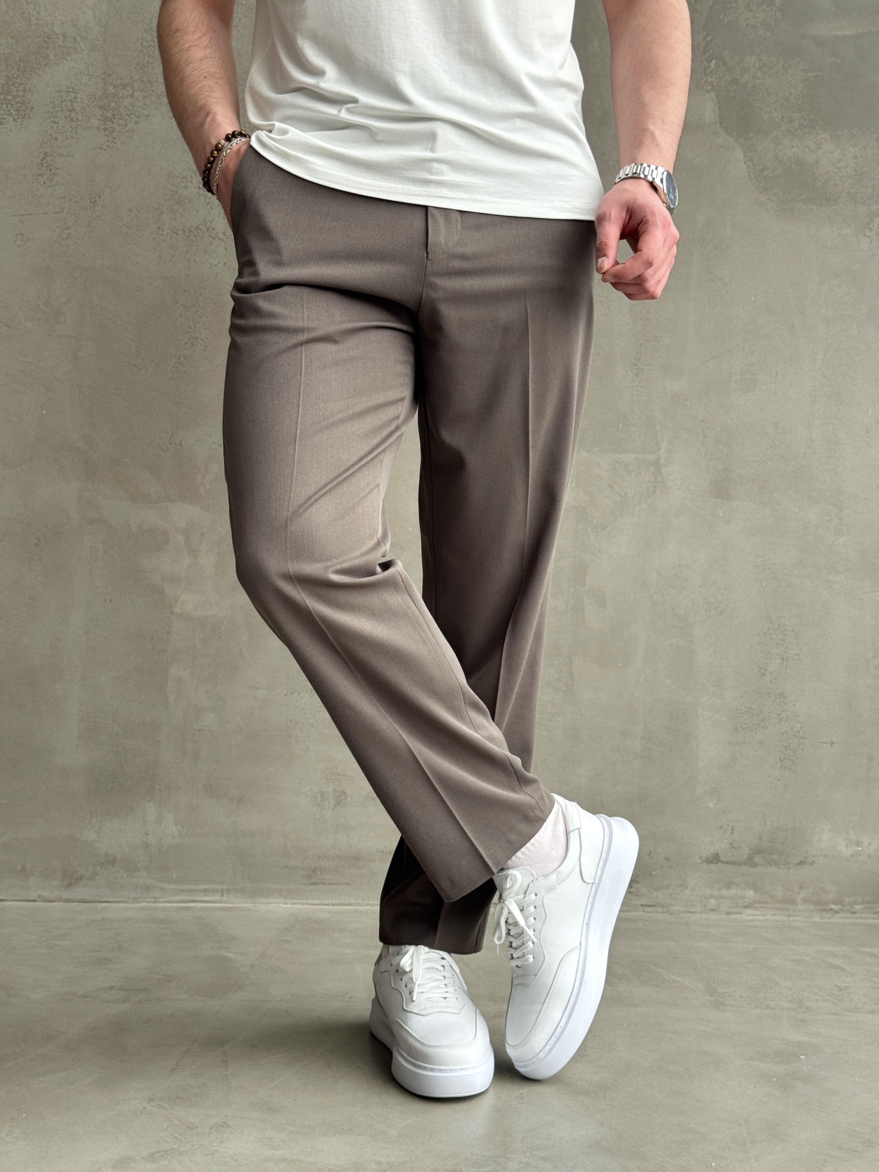 Erkek Business Collection Regular Kalıp Çift Düğme Detaylı Kombinlenebilir Kumaş Pantolon-Füme(E1698)Ketench