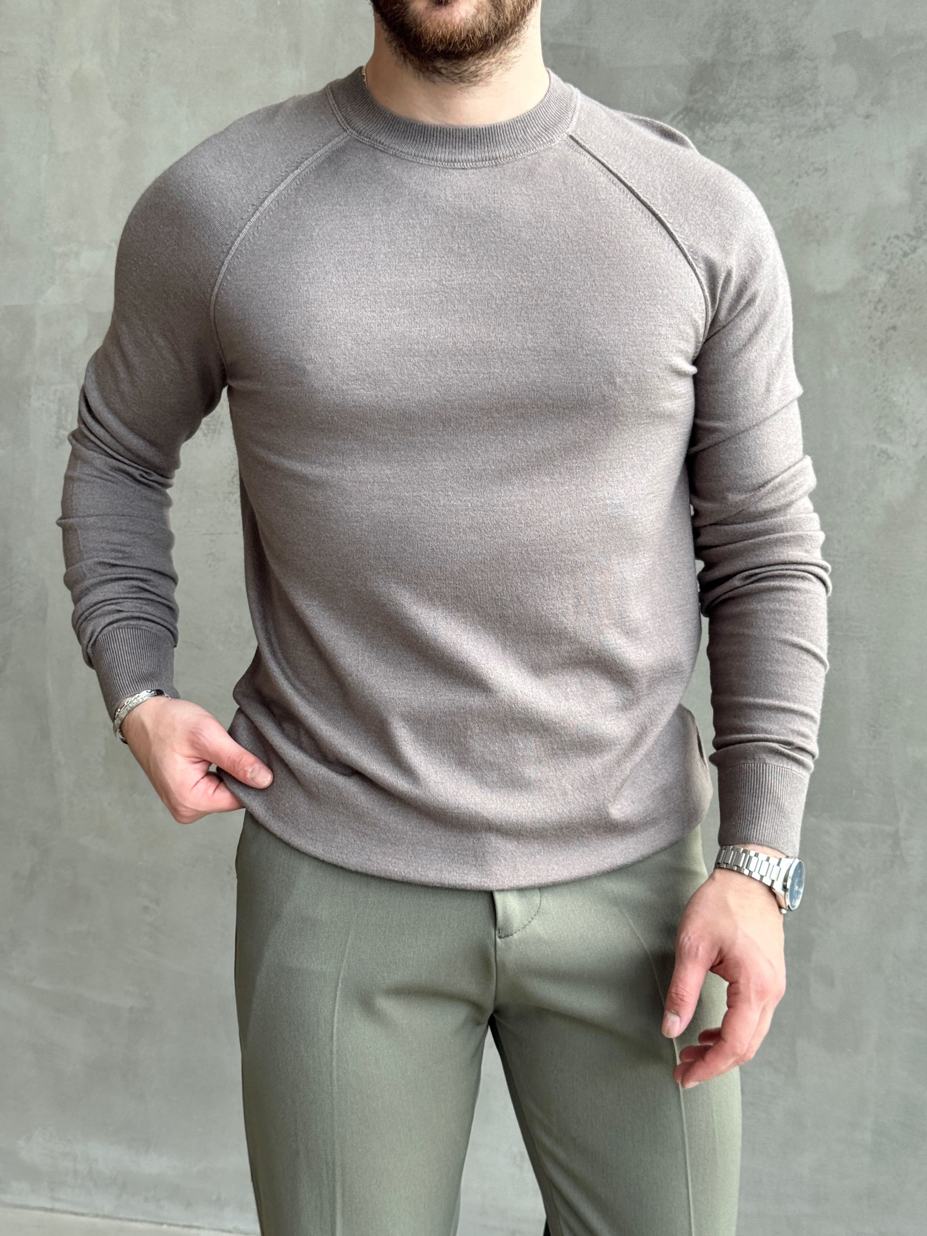 Erkek Business Collection Regular Kalıp Bisiklet Yaka Reglan Kol Triko Kazak-Gri(E1859)Ketench