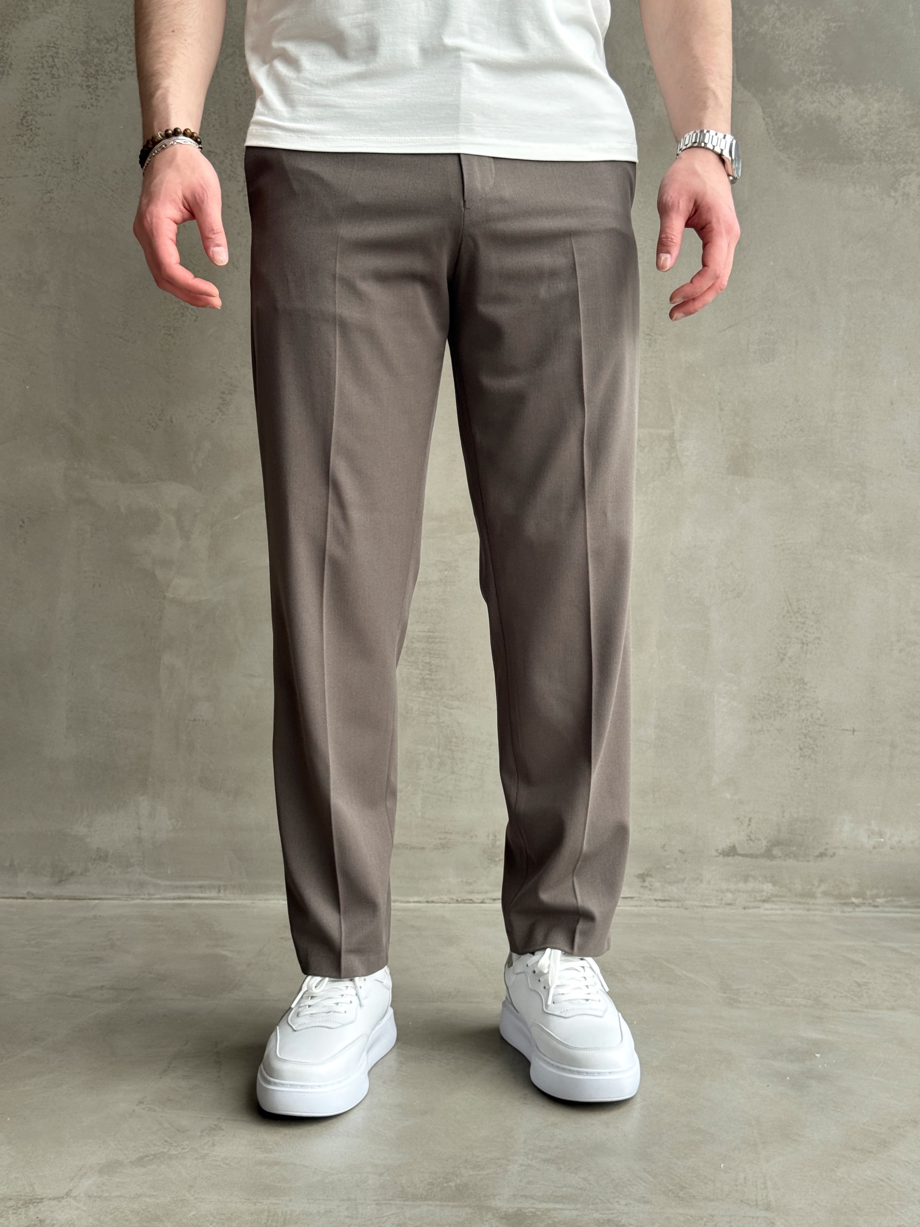Erkek Business Collection Regular Kalıp Çift Düğme Detaylı Kombinlenebilir Kumaş Pantolon-Füme(E1698)Ketench