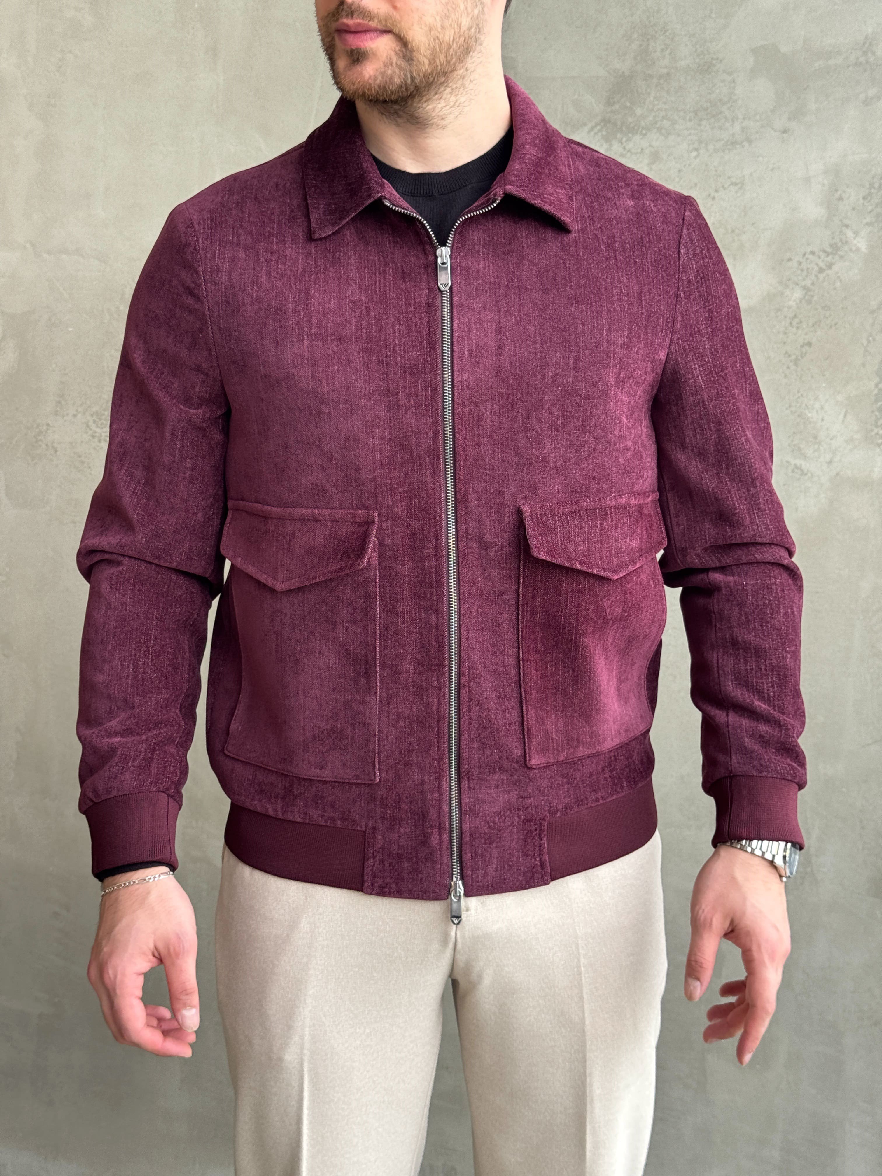 Erkek Business Collection Regular Kalıp Yumuşak Dokulu Cep Detaylı Şönil Örme Kumaş Ceket-Bordo(E1854)Ketench