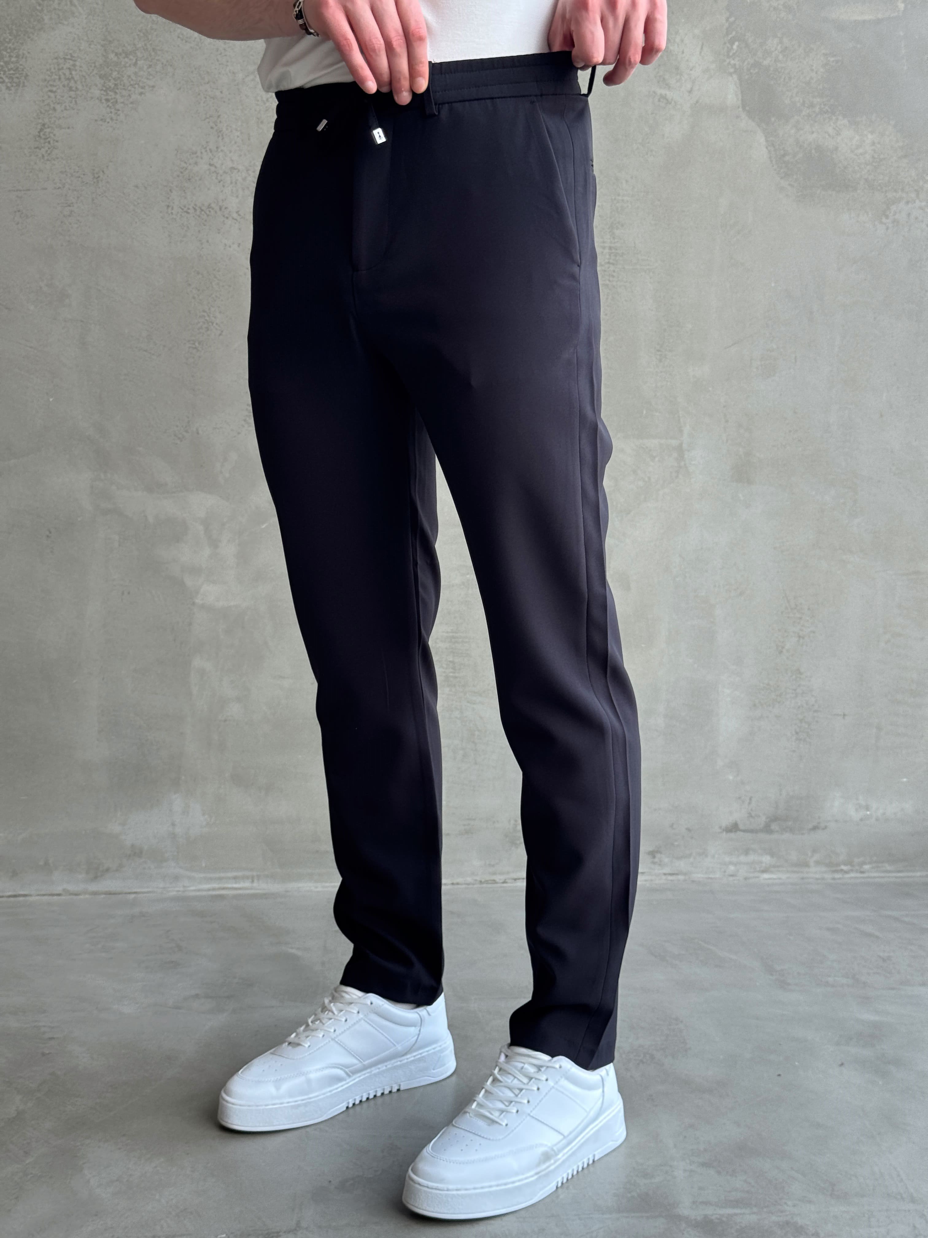 Erkek Business Collection Regular Kalıp Beli Lastikli Bağcıklı Ofis Boy Kumaş Pantolon-Siyah(E1699)Ketench