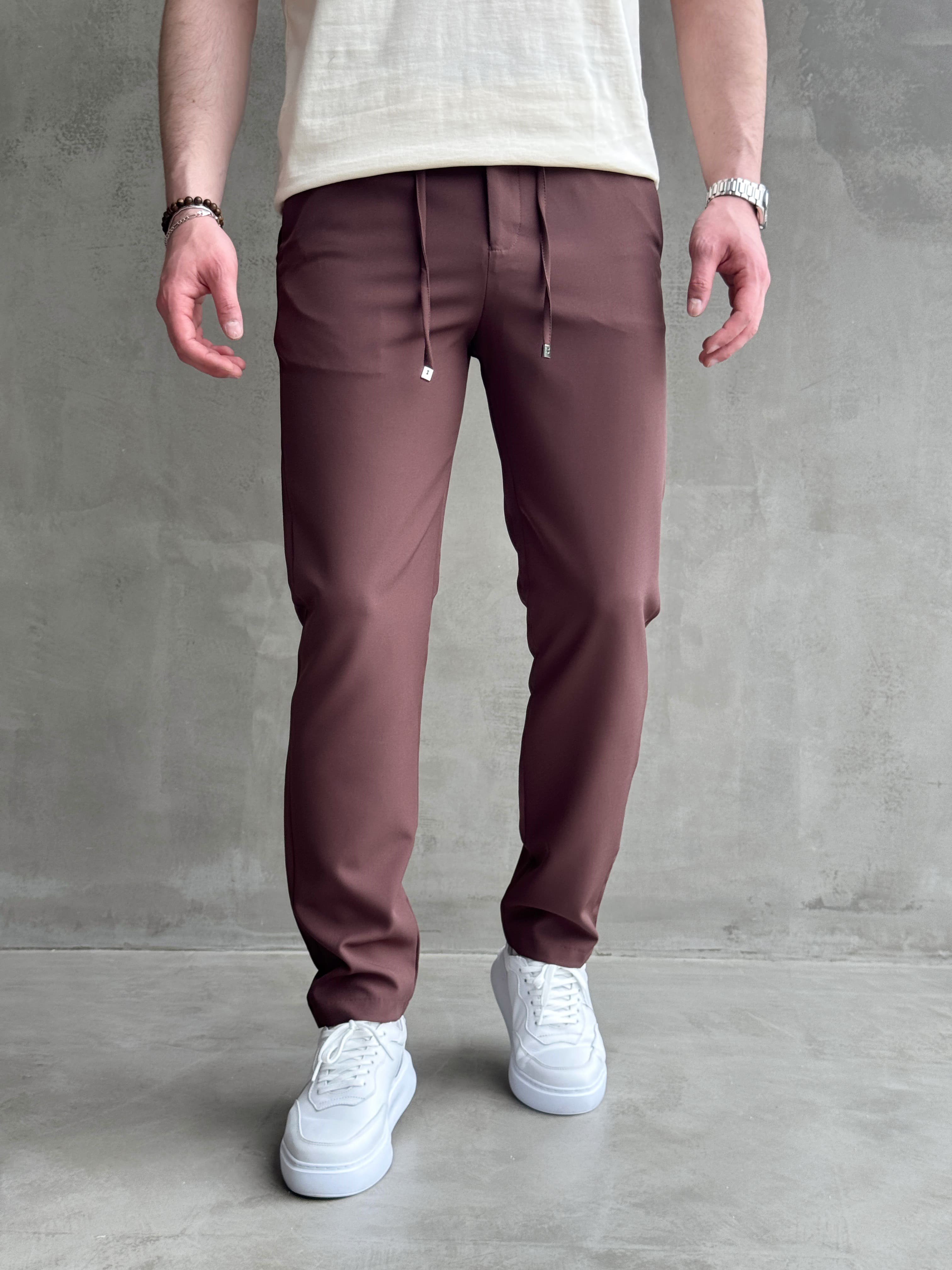 Erkek Business Collection Regular Kalıp Beli Lastikli Bağcıklı Ofis Boy Kumaş Pantolon-Kahverengi(E1699)Ketench