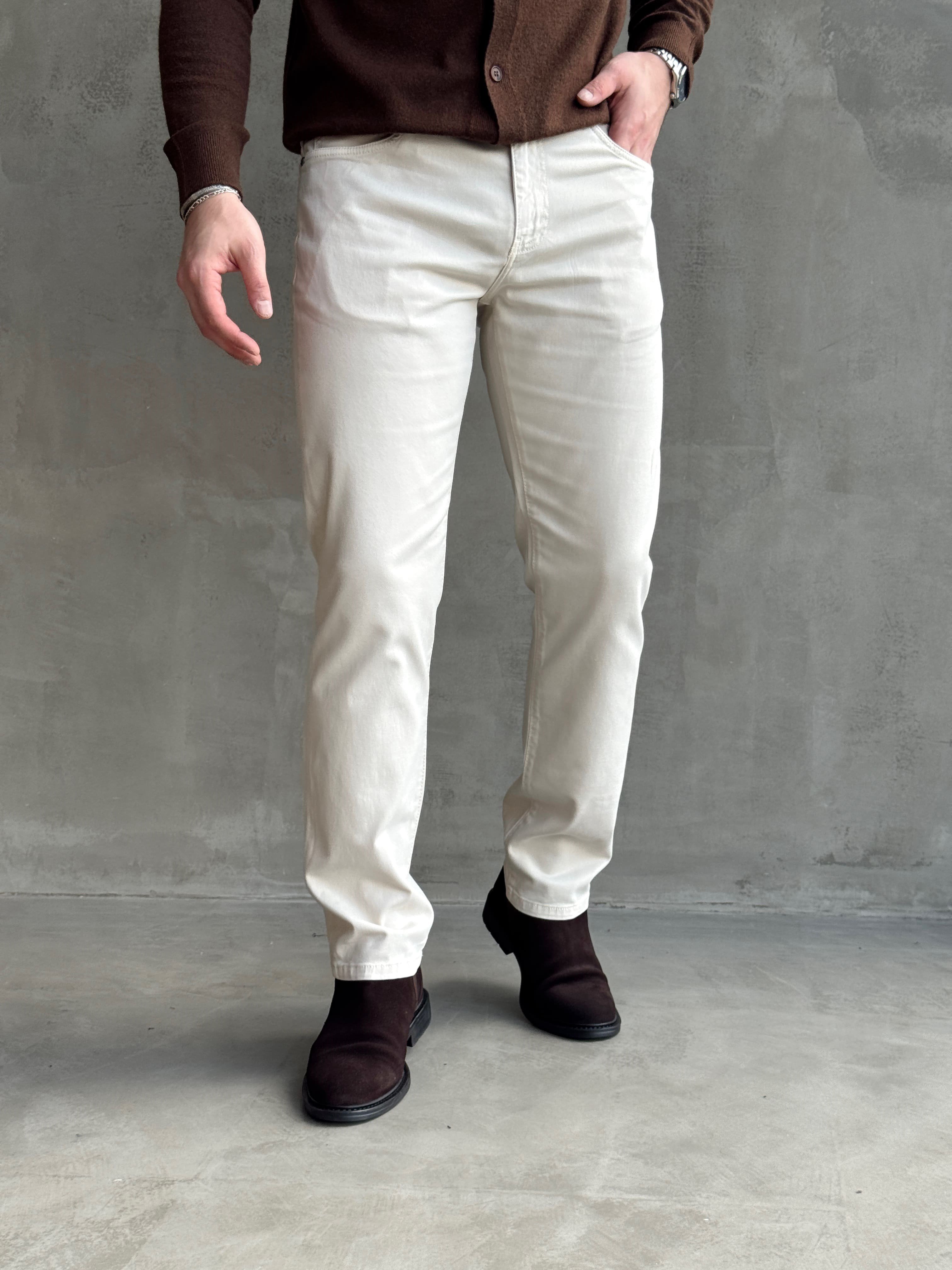 Erkek Business Collection Regular Kalıp Tencel Kumaş Yumuşak Dokulu Jean-Krem(E1858)Ketench