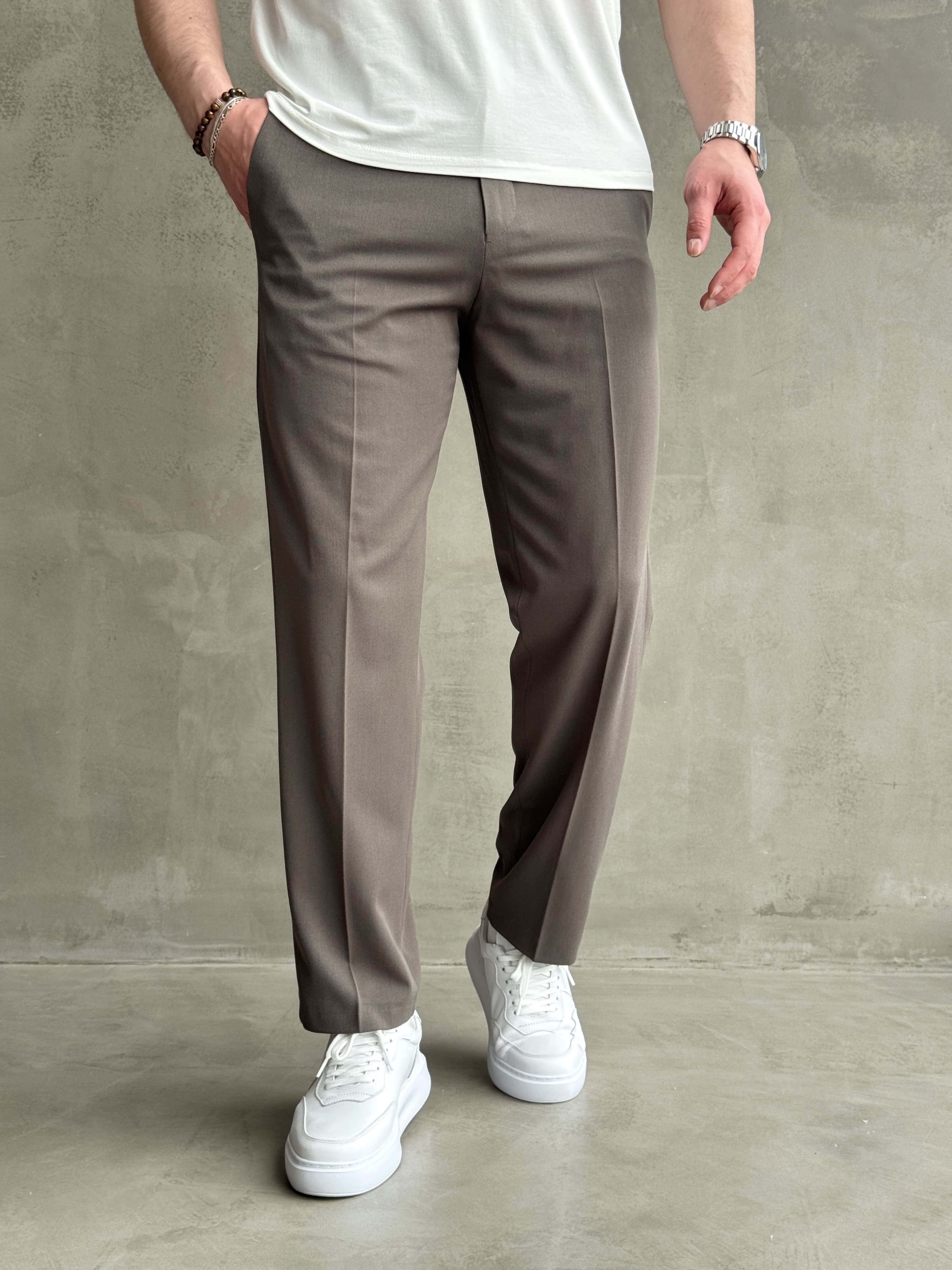 Erkek Business Collection Regular Kalıp Çift Düğme Detaylı Kombinlenebilir Kumaş Pantolon-Füme(E1698)Ketench