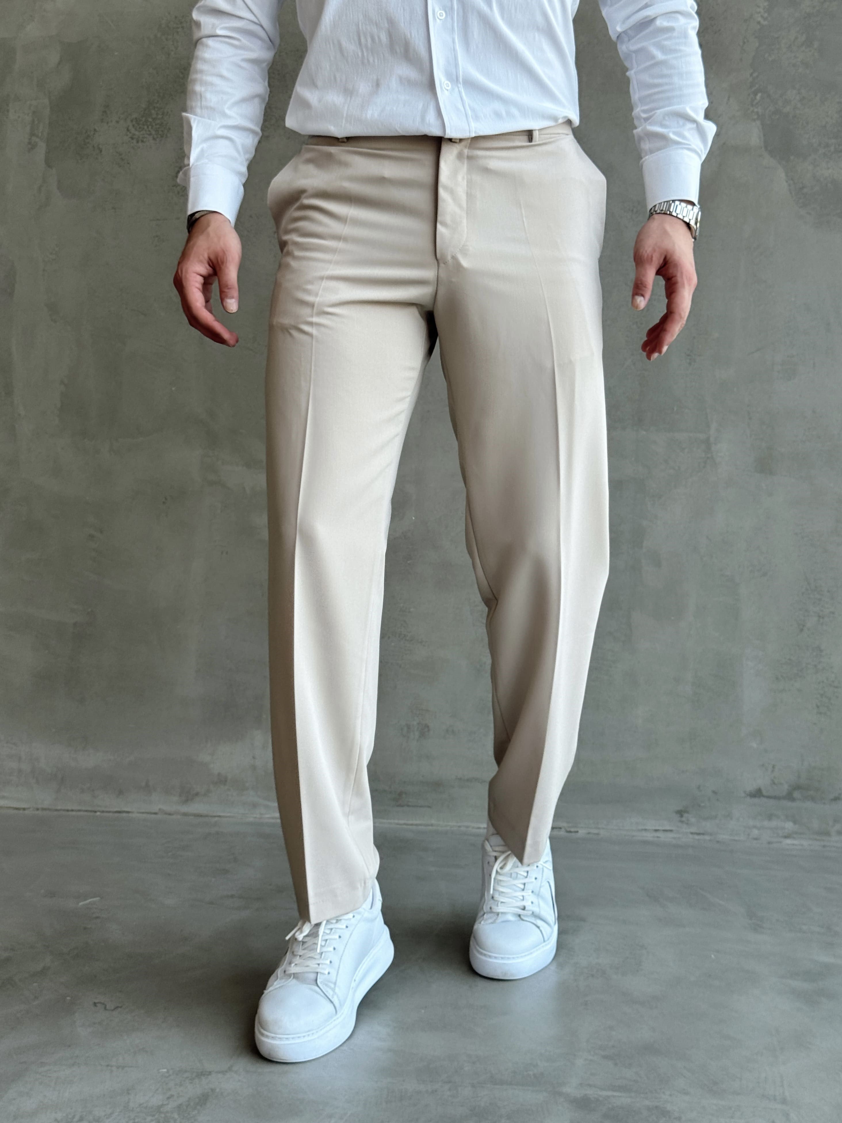 Erkek Business Collection Regular Kalıp Çift Düğme Detaylı Kombinlenebilir Kumaş Pantolon-Krem(E1698)Ketench
