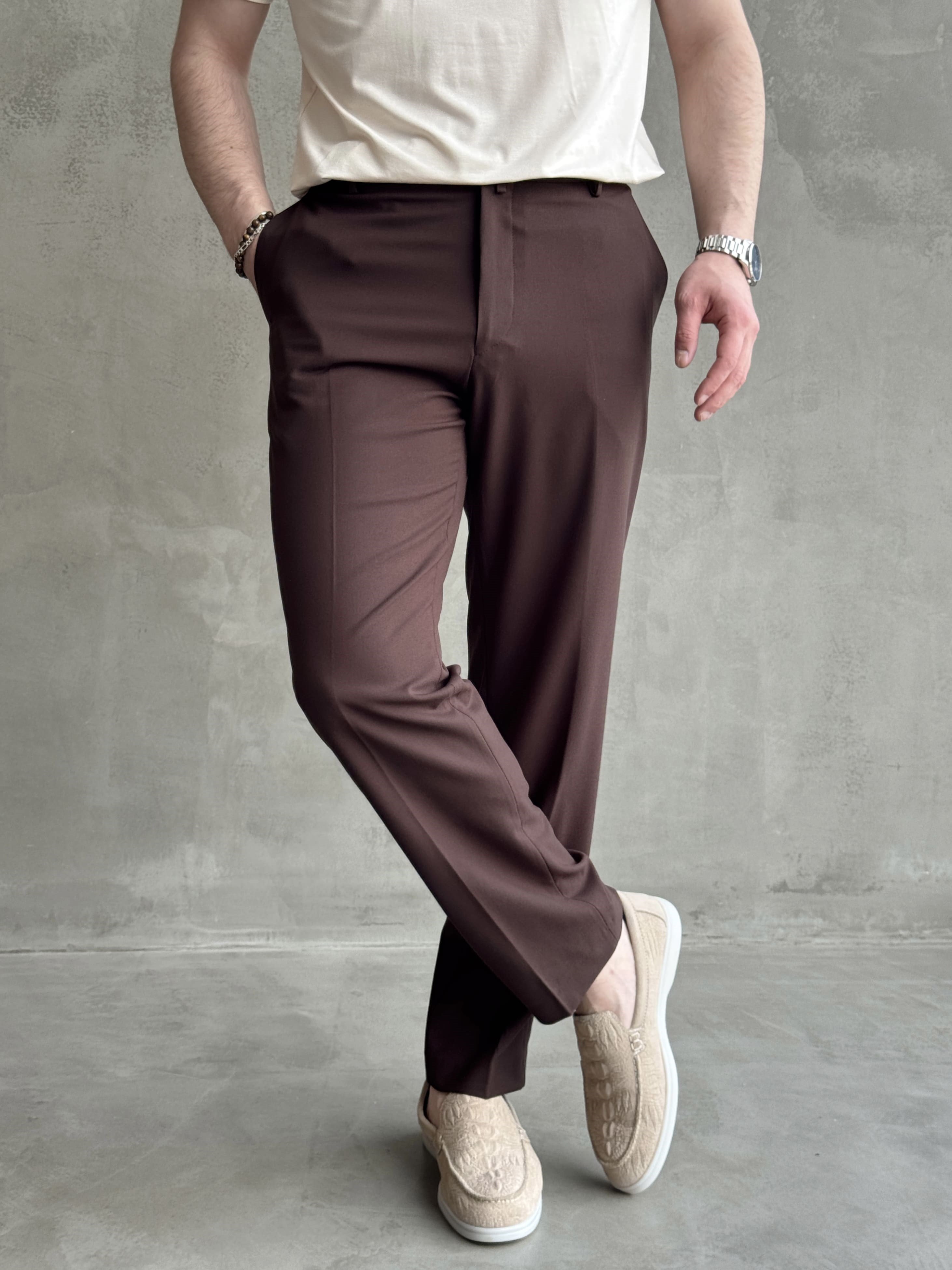 Erkek Business Collection Regular Kalıp Çift Düğme Detaylı Kombinlenebilir Kumaş Pantolon-Kahverengi(E1698)Ketench