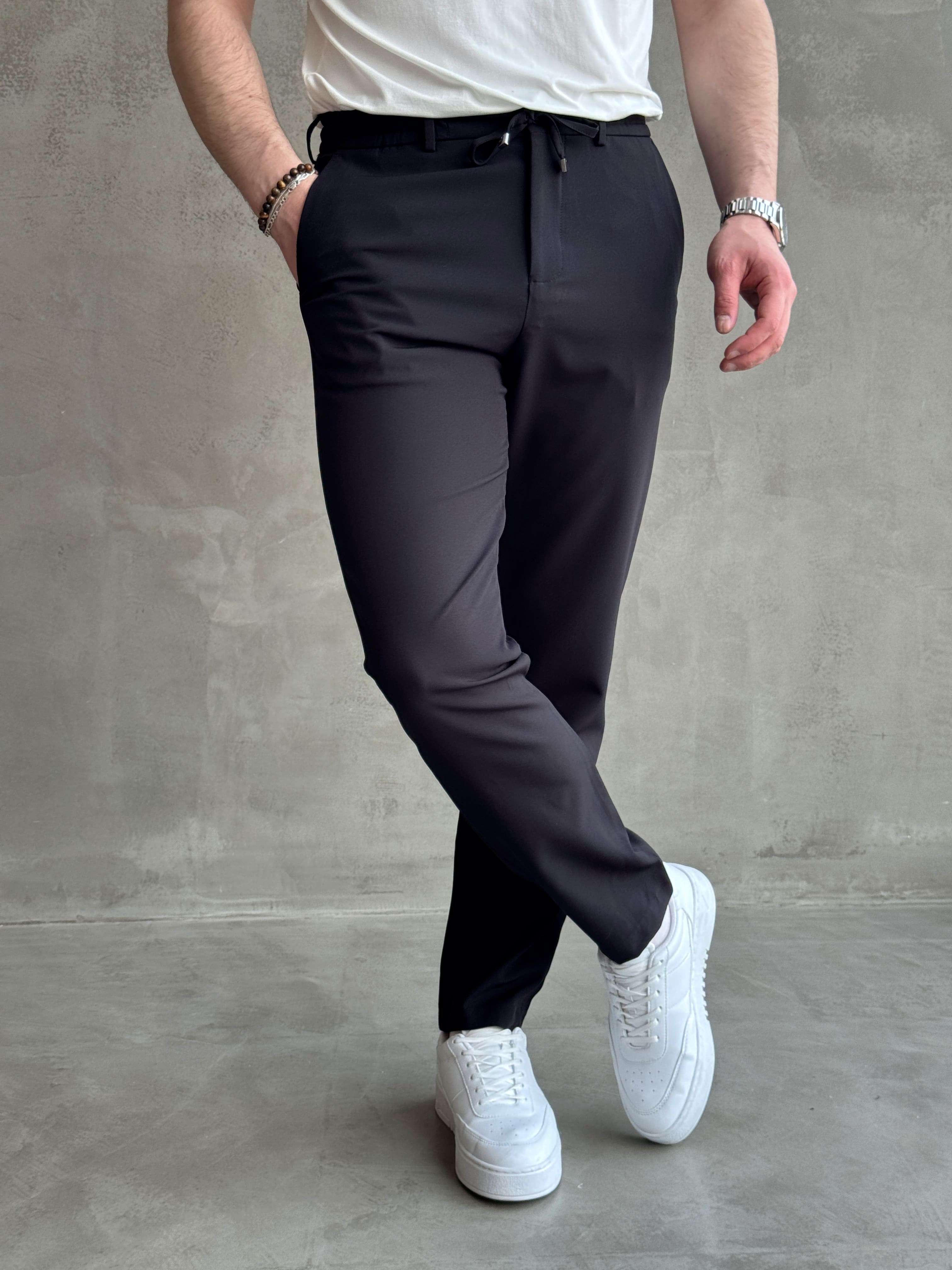 Erkek Business Collection Regular Kalıp Beli Lastikli Bağcıklı Ofis Boy Kumaş Pantolon-Siyah(E1699)Ketench
