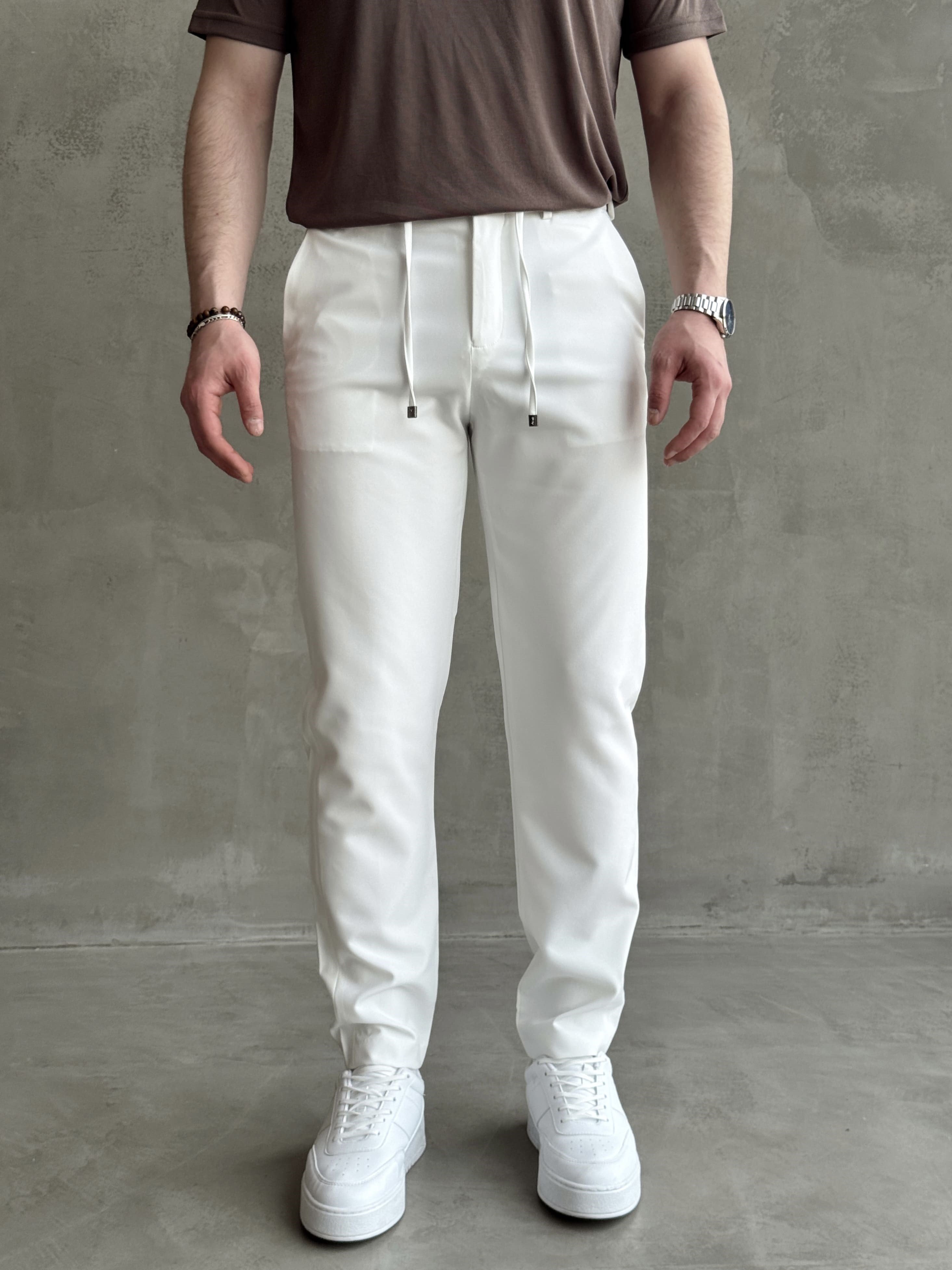 Erkek Business Collection Regular Kalıp Beli Lastikli Bağcıklı Ofis Boy Kumaş Pantolon-Beyaz(E1699)Ketench