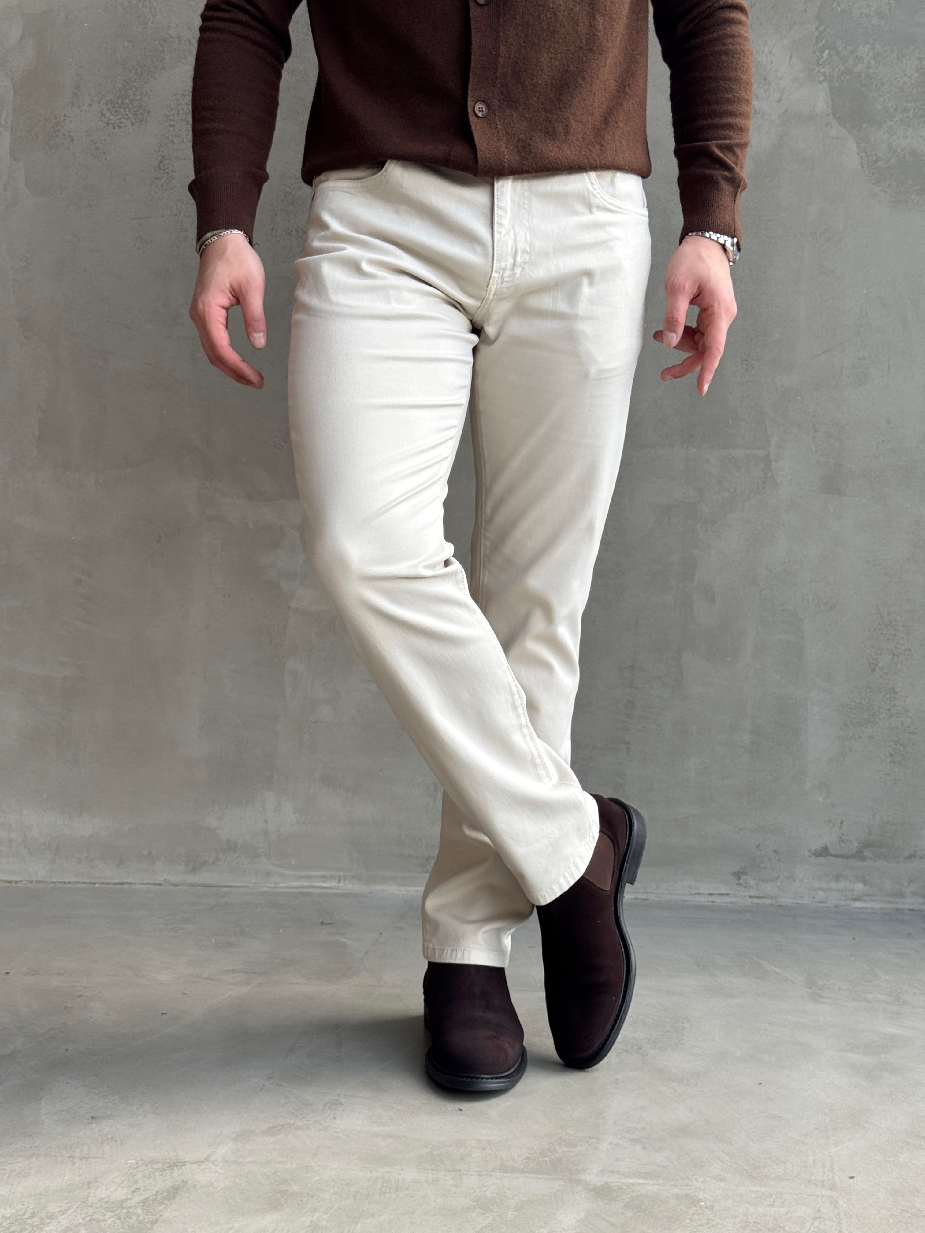 Erkek Business Collection Regular Kalıp Tencel Kumaş Yumuşak Dokulu Jean-Krem(E1858)Ketench