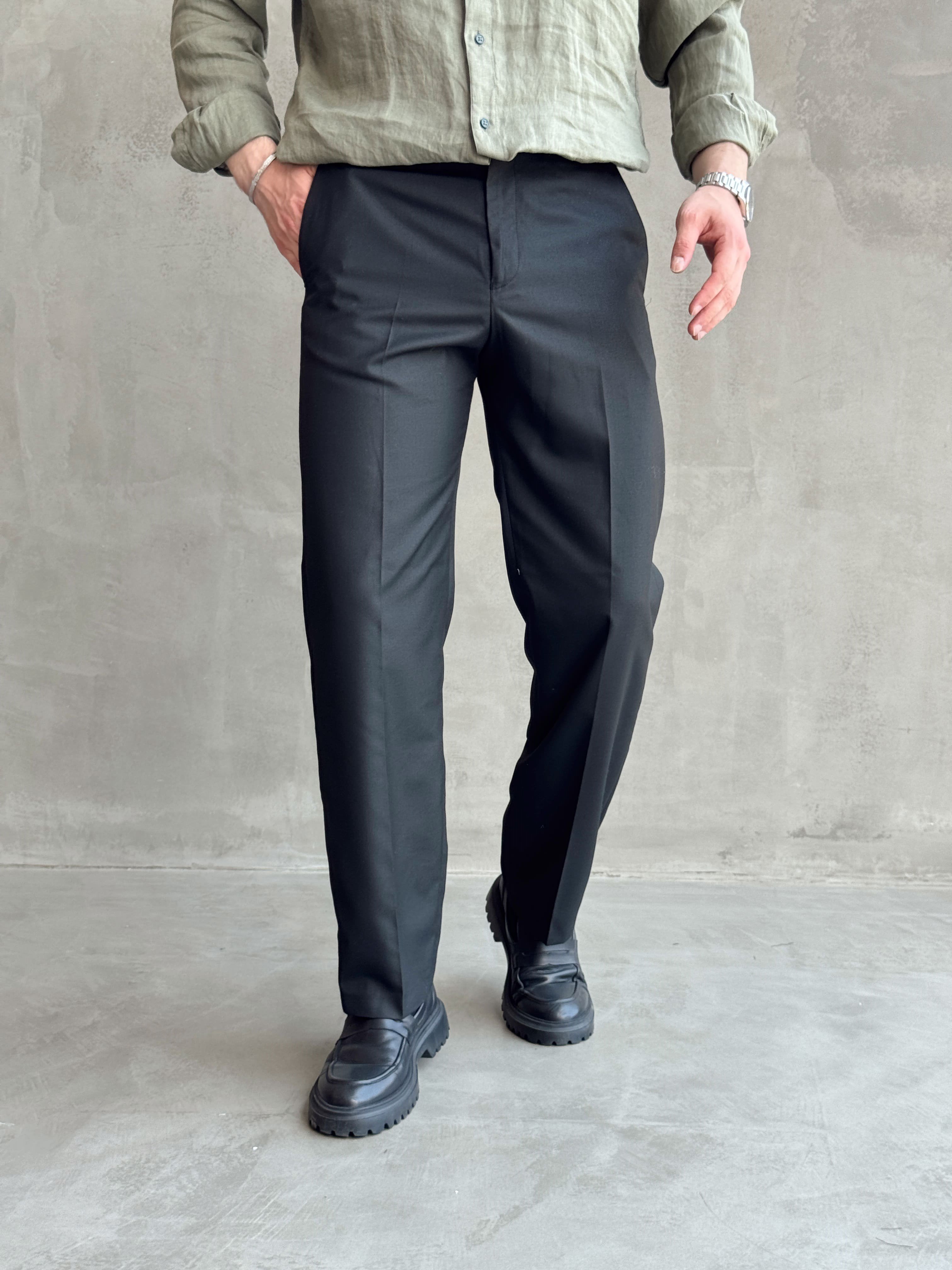 Erkek Bussines Colection Baggy Kalıp Çift Düğme Detaylı Kumaş Pantolon-Siyah(E1764)Ketench